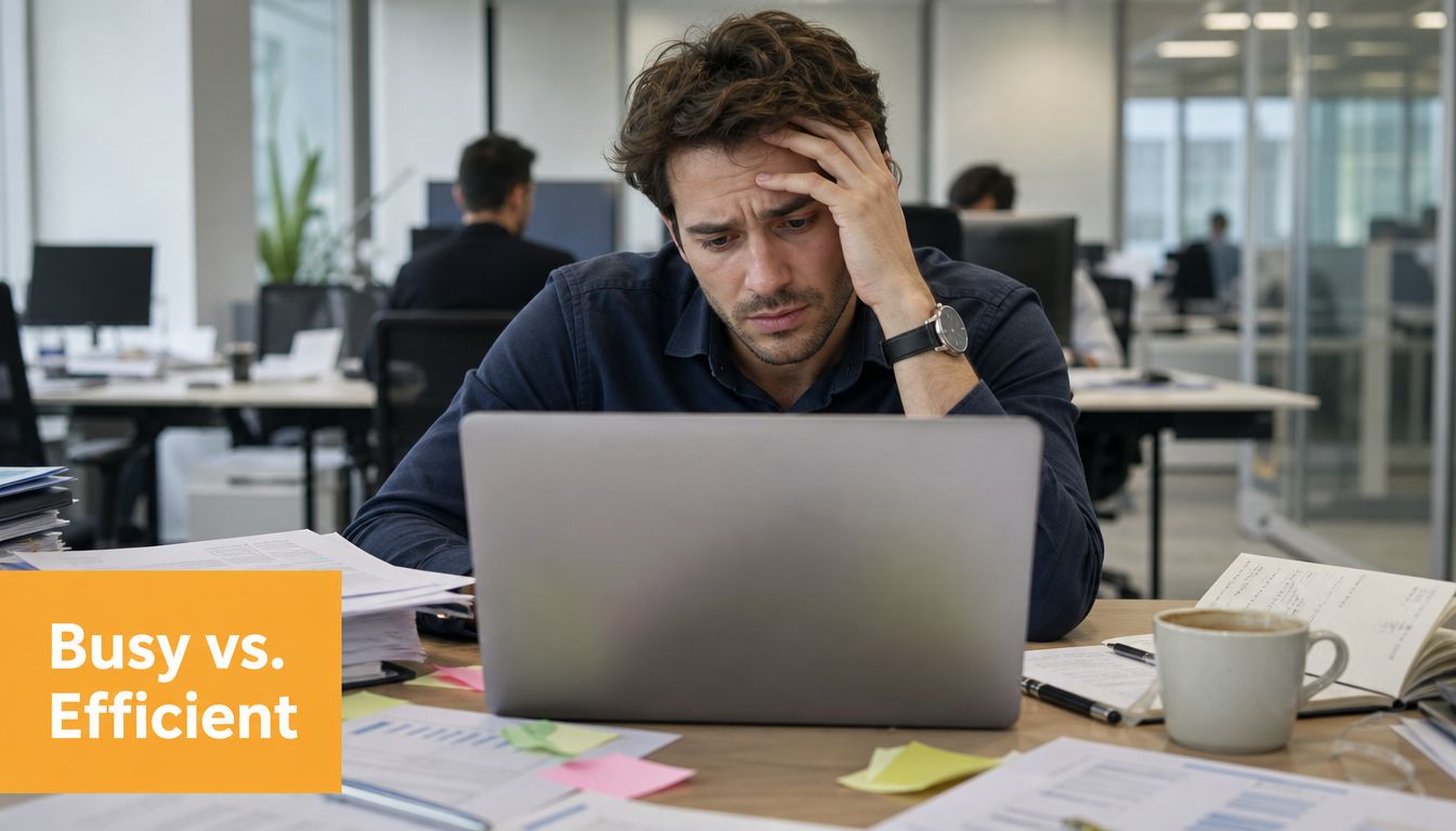 A stressed man looking at a laptop computer in a cluttered office with many papers.