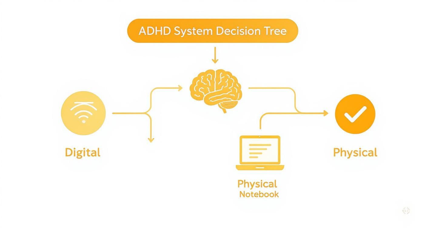ADHD system decision tree flowchart showing digital, physical notebook, and approved task management options