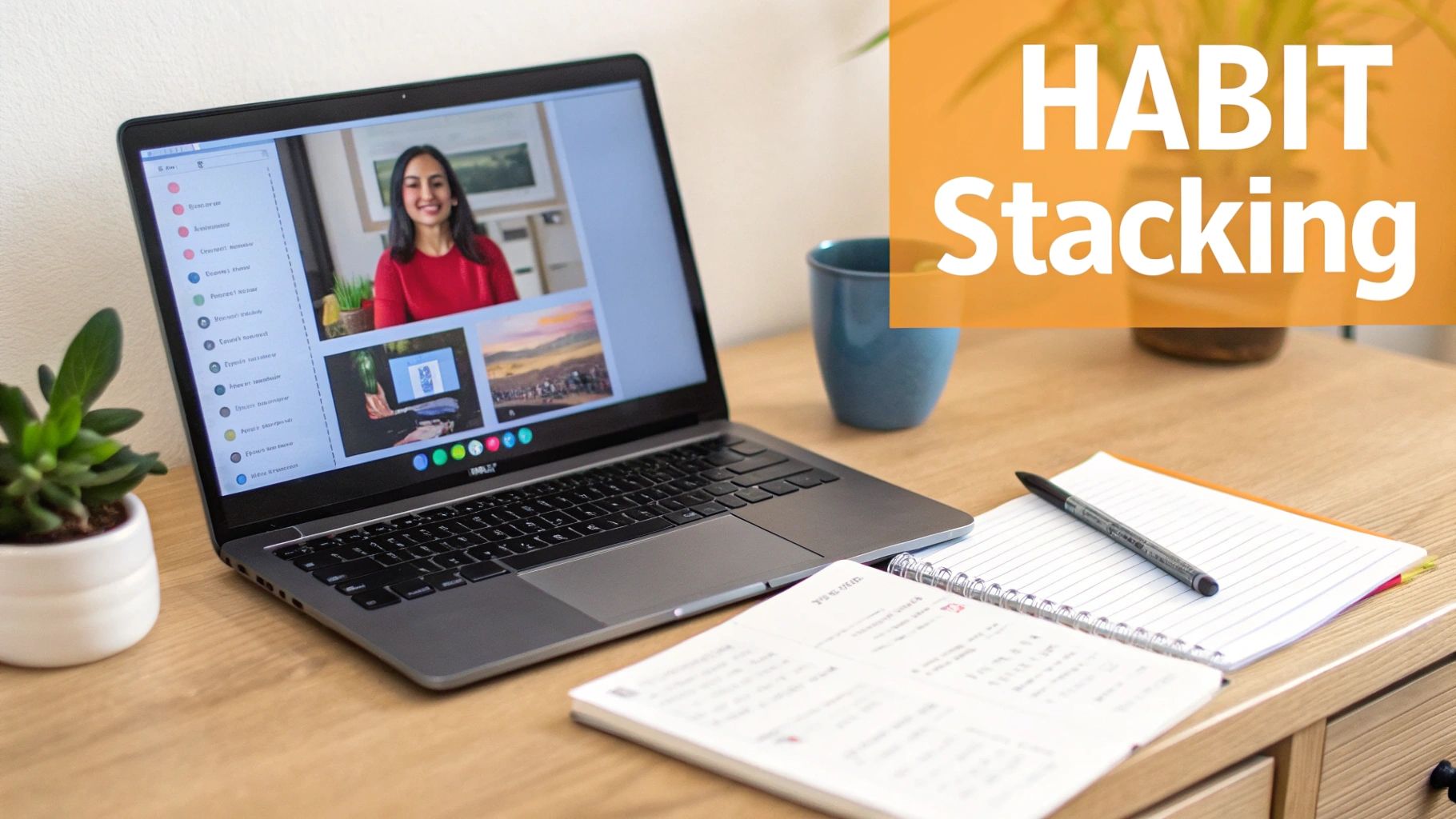 Laptop displaying video conference call with woman in red on desk with notebook and pen for habit stacking