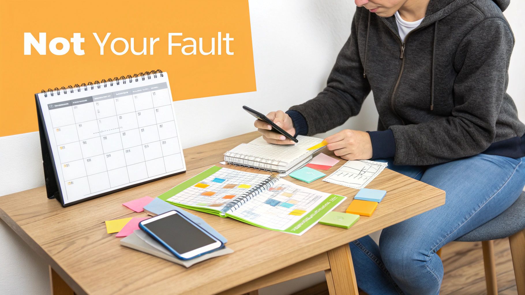 Person with ADHD using phone and planner with colorful sticky notes for time management organization