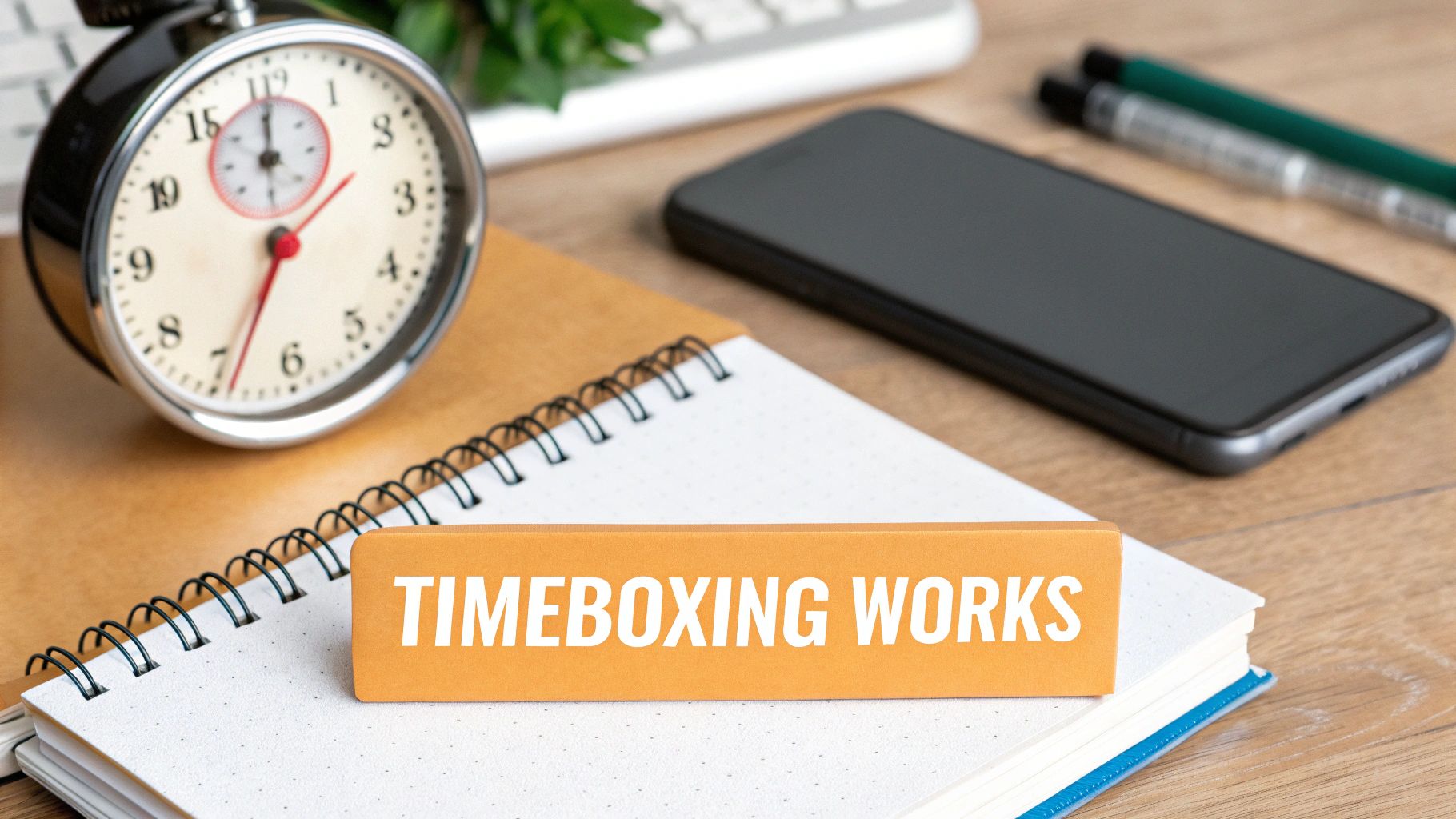 Timeboxing works text on desk with alarm clock, notebook, smartphone and office supplies