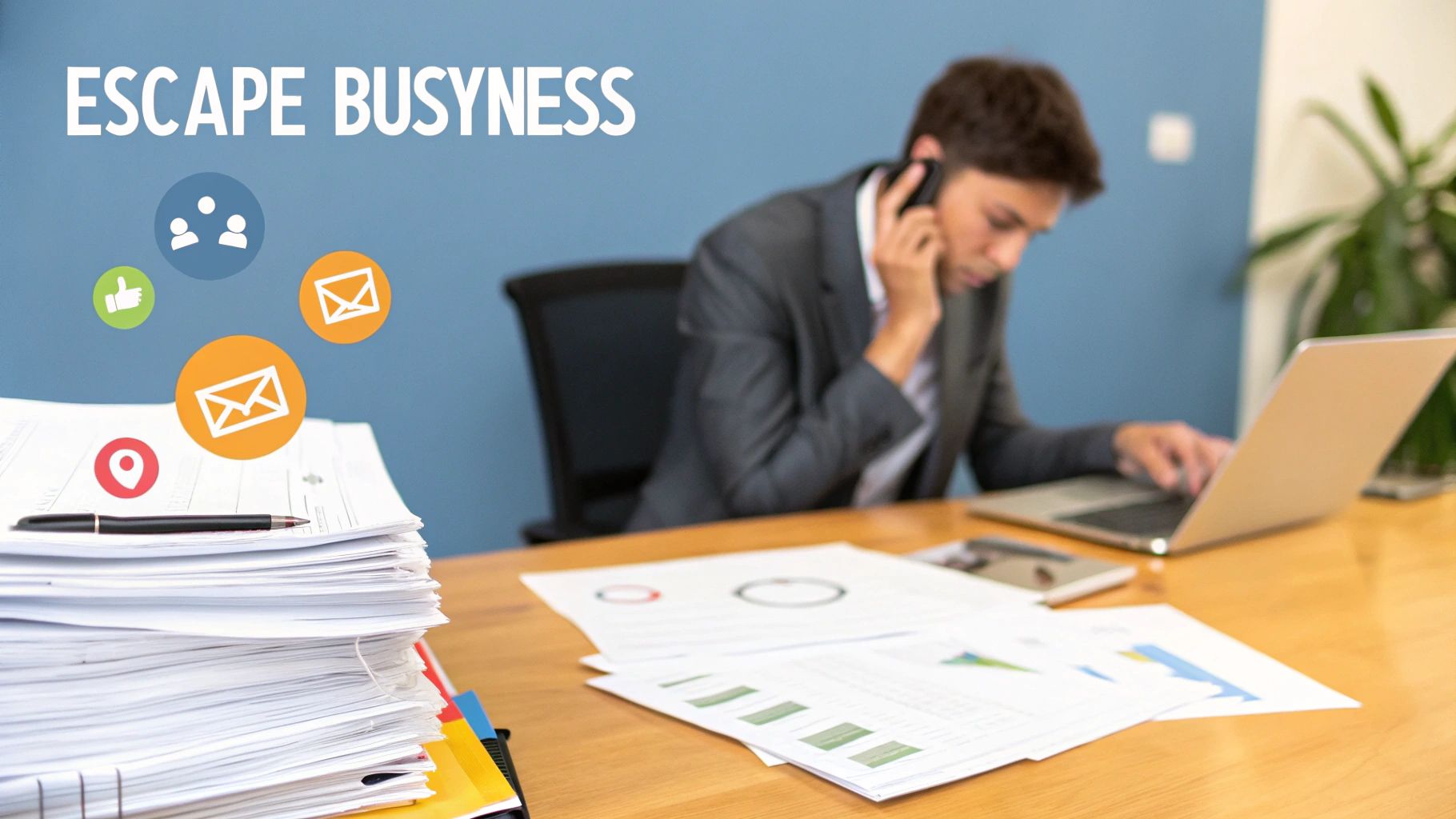 Businessman multitasking on phone and laptop with papers and digital communication icons overlay
