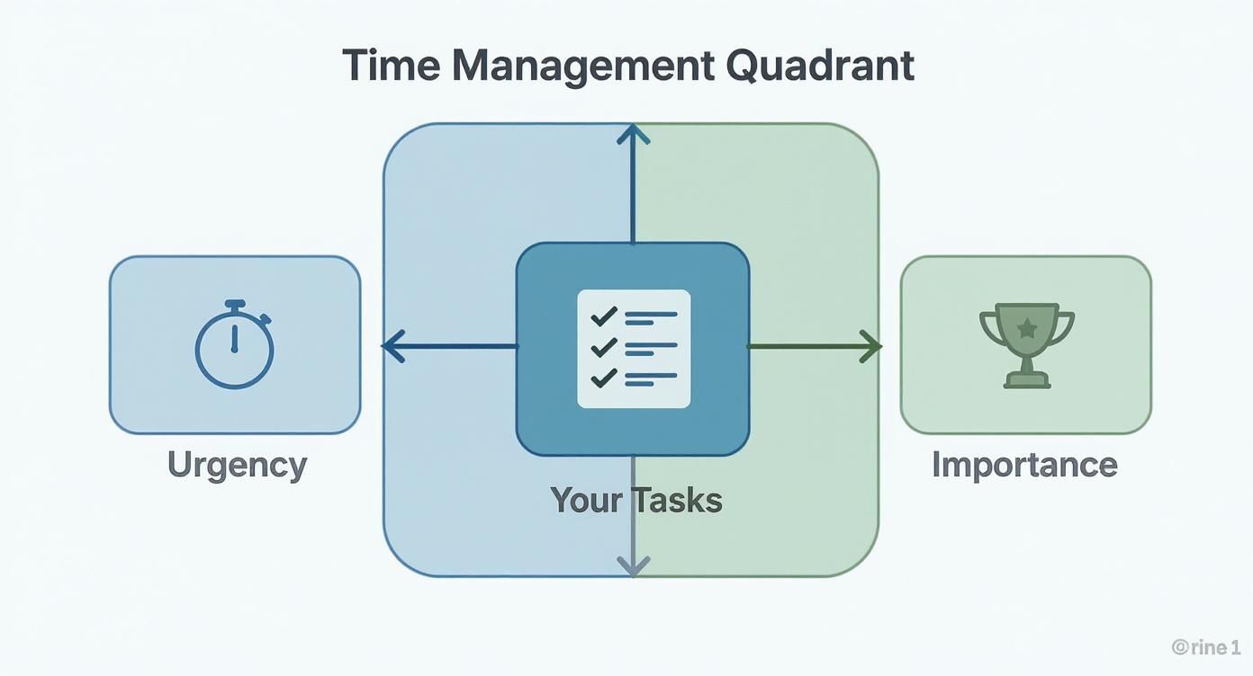 Time management quadrant diagram showing urgency and importance axes with task prioritization framework