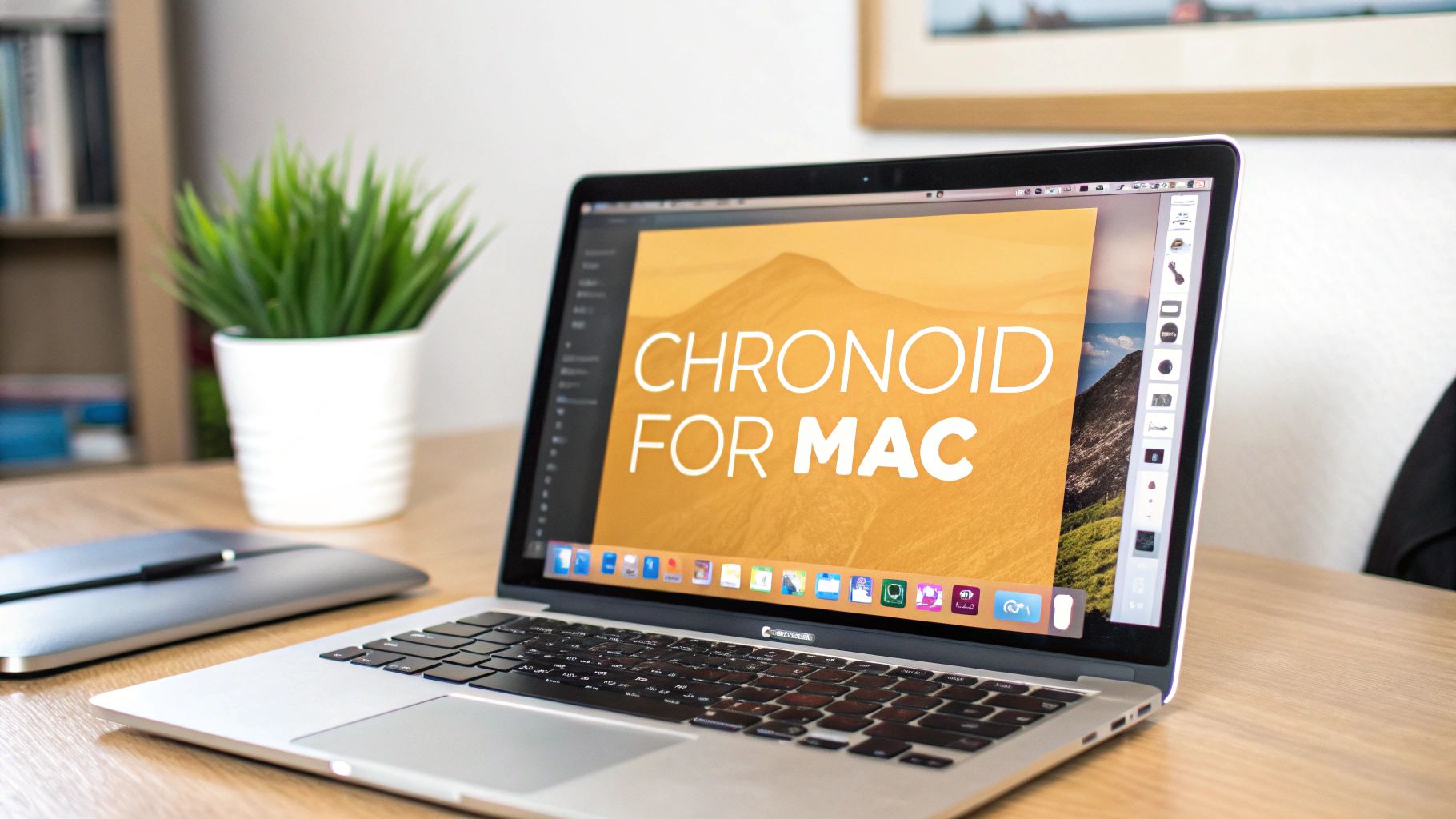 A MacBook Pro displaying the 'Chronoid for Mac' app on a wooden desk with a plant.