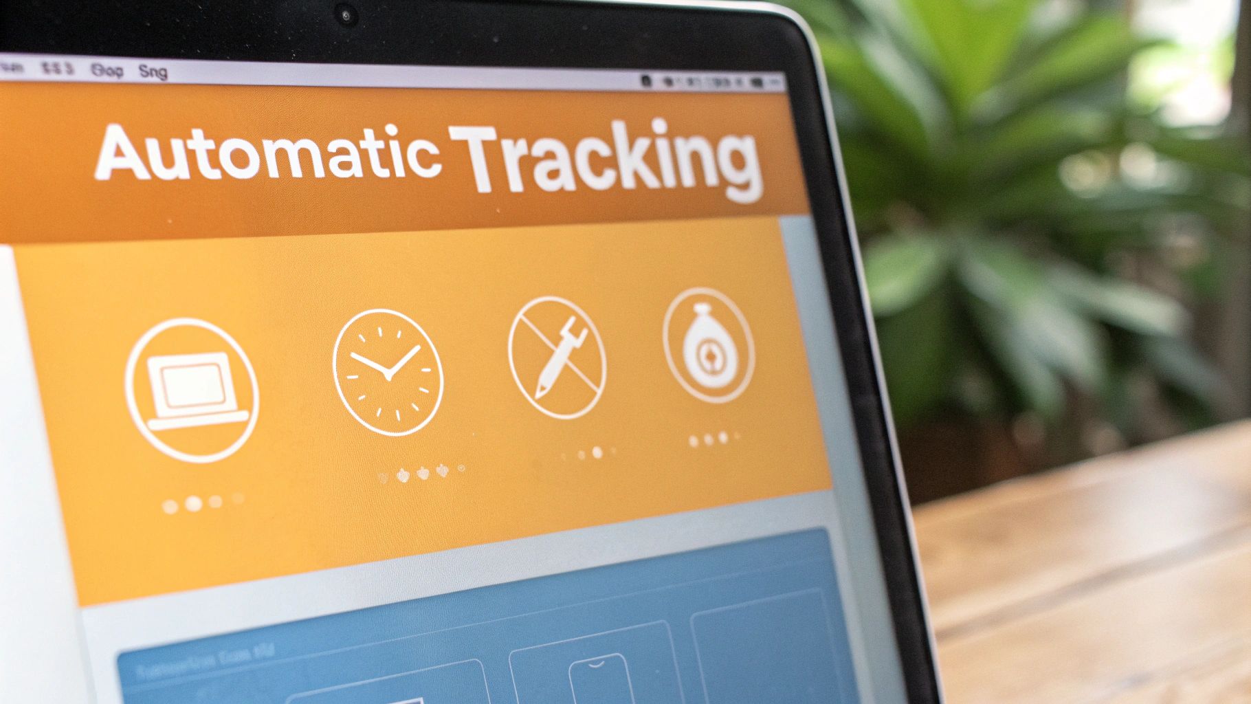 Close-up of a laptop screen showing an 'Automatic Tracking' application interface with various icons.