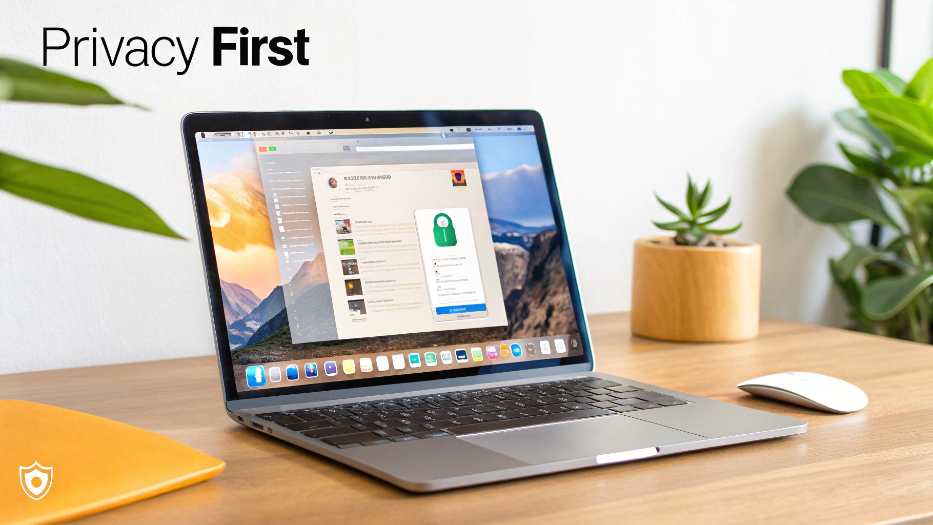 MacBook Pro on a wooden desk showcasing a privacy app with 'Privacy First' text.