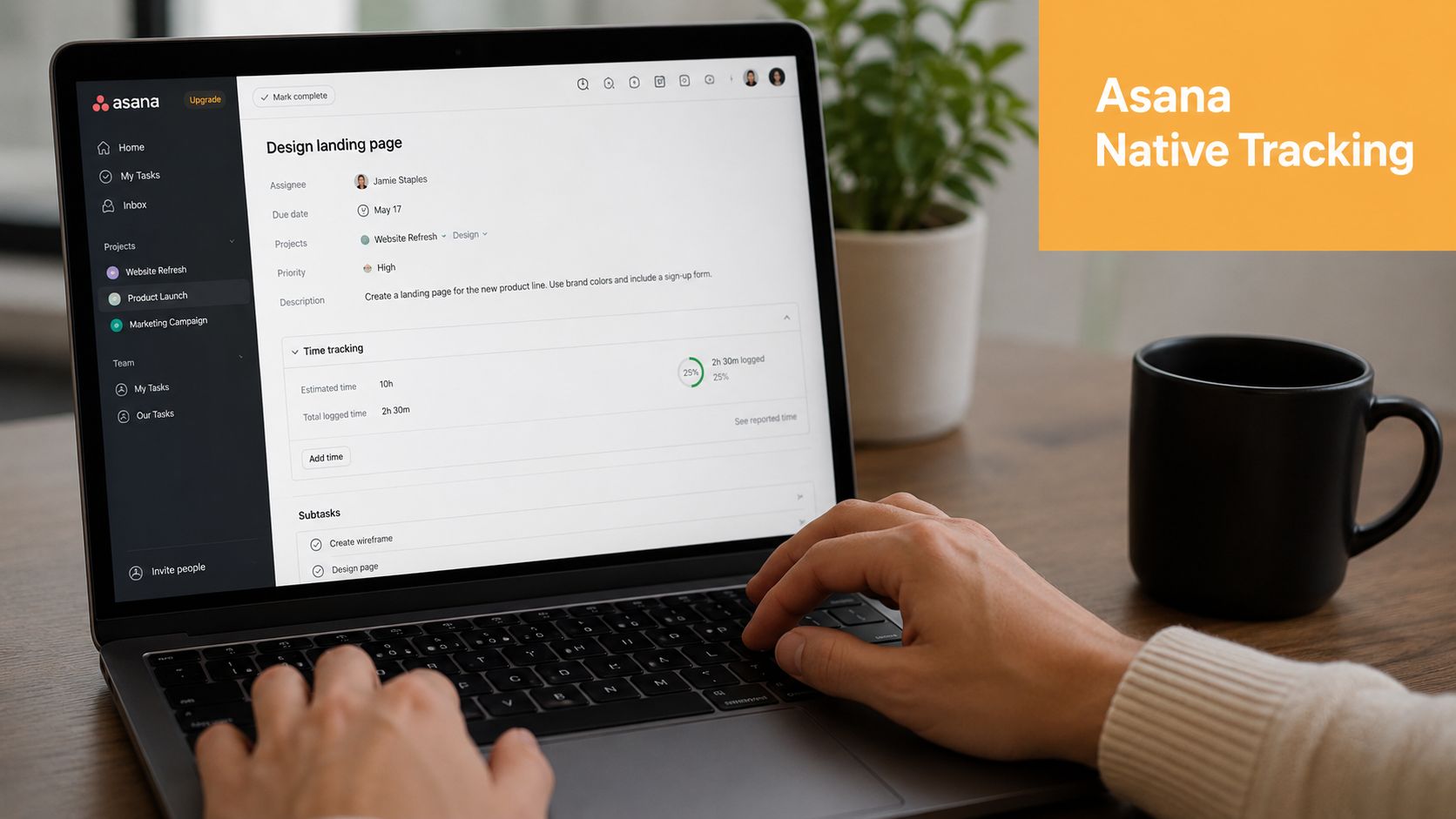 A person using a laptop to view task management and time tracking features within the Asana platform.