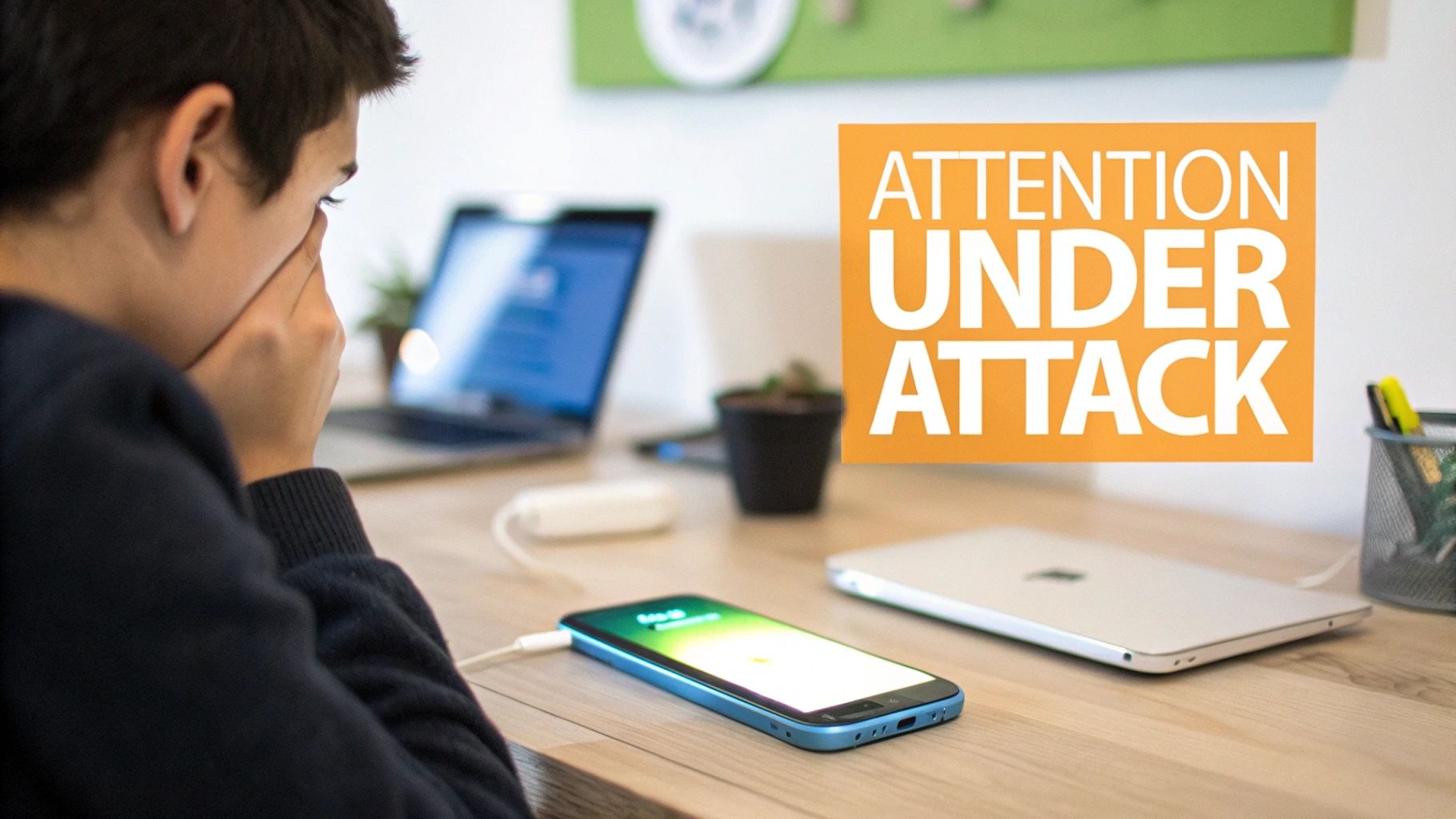 A young person covers their face, looking at a charging smartphone with 'ATTENTION UNDER ATTACK' text.