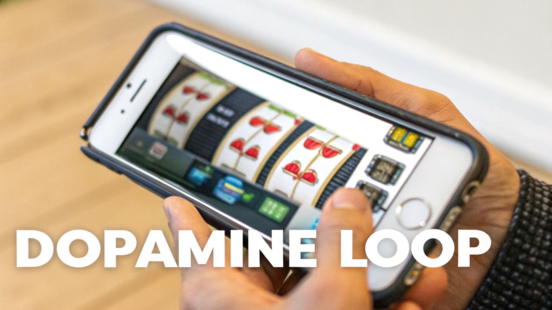A person's hands hold a smartphone displaying a slot machine game, emphasizing the 'Dopamine Loop'.