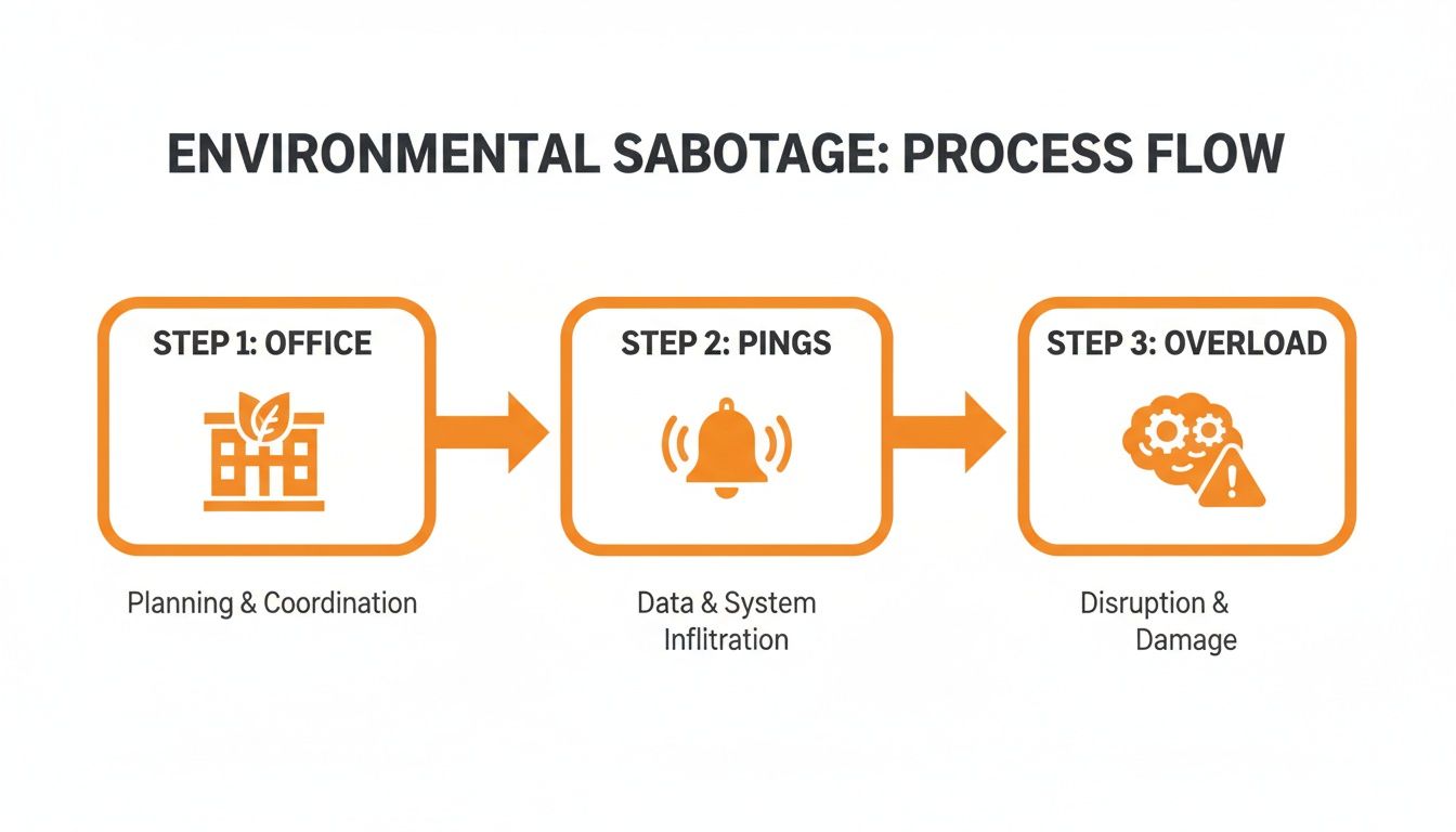 Environmental sabotage process flow diagram illustrating planning, infiltration, and disruption steps.