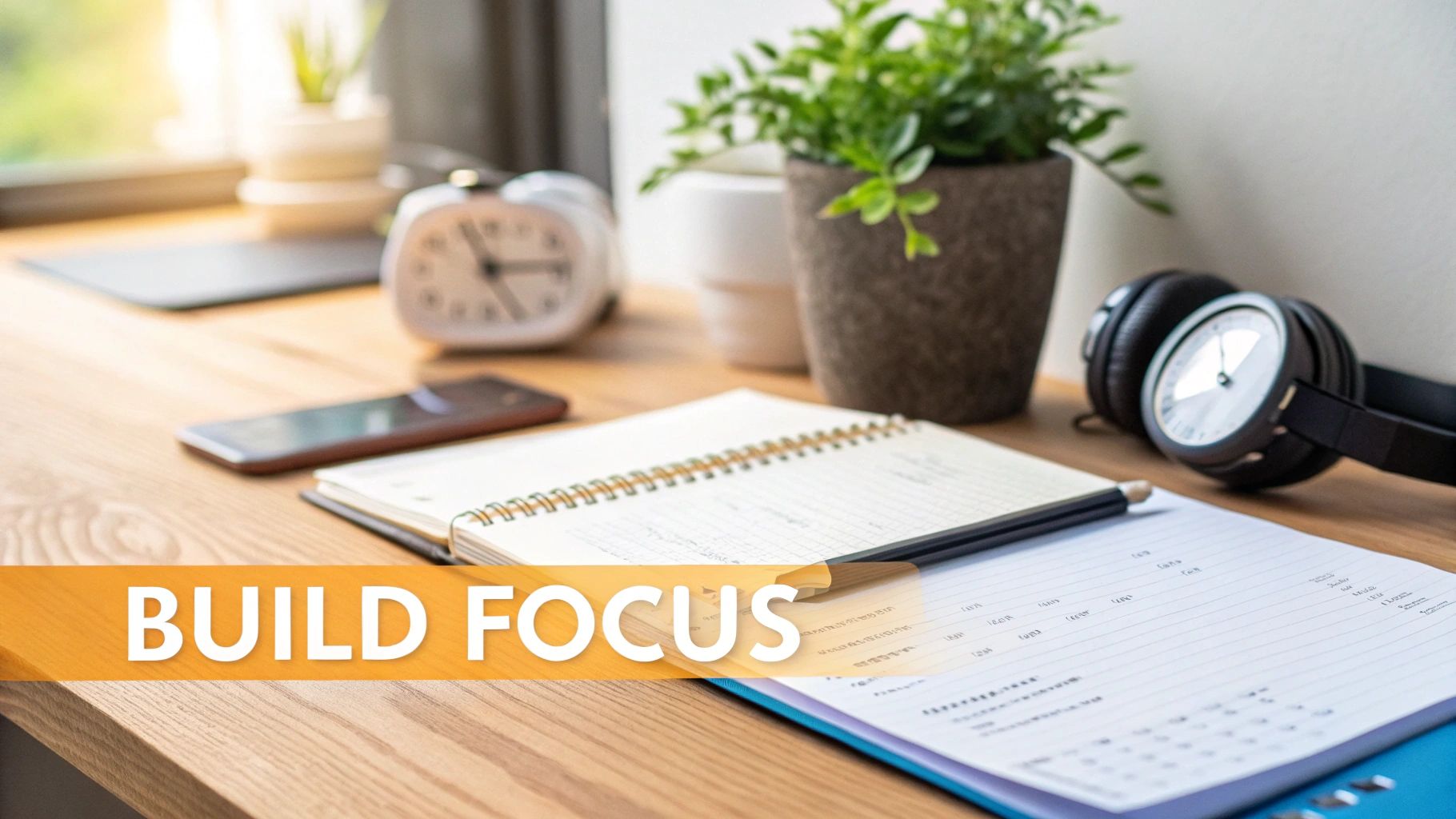 A bright workspace desk with a notebook, pen, smartphone, and headphones, promoting focus.