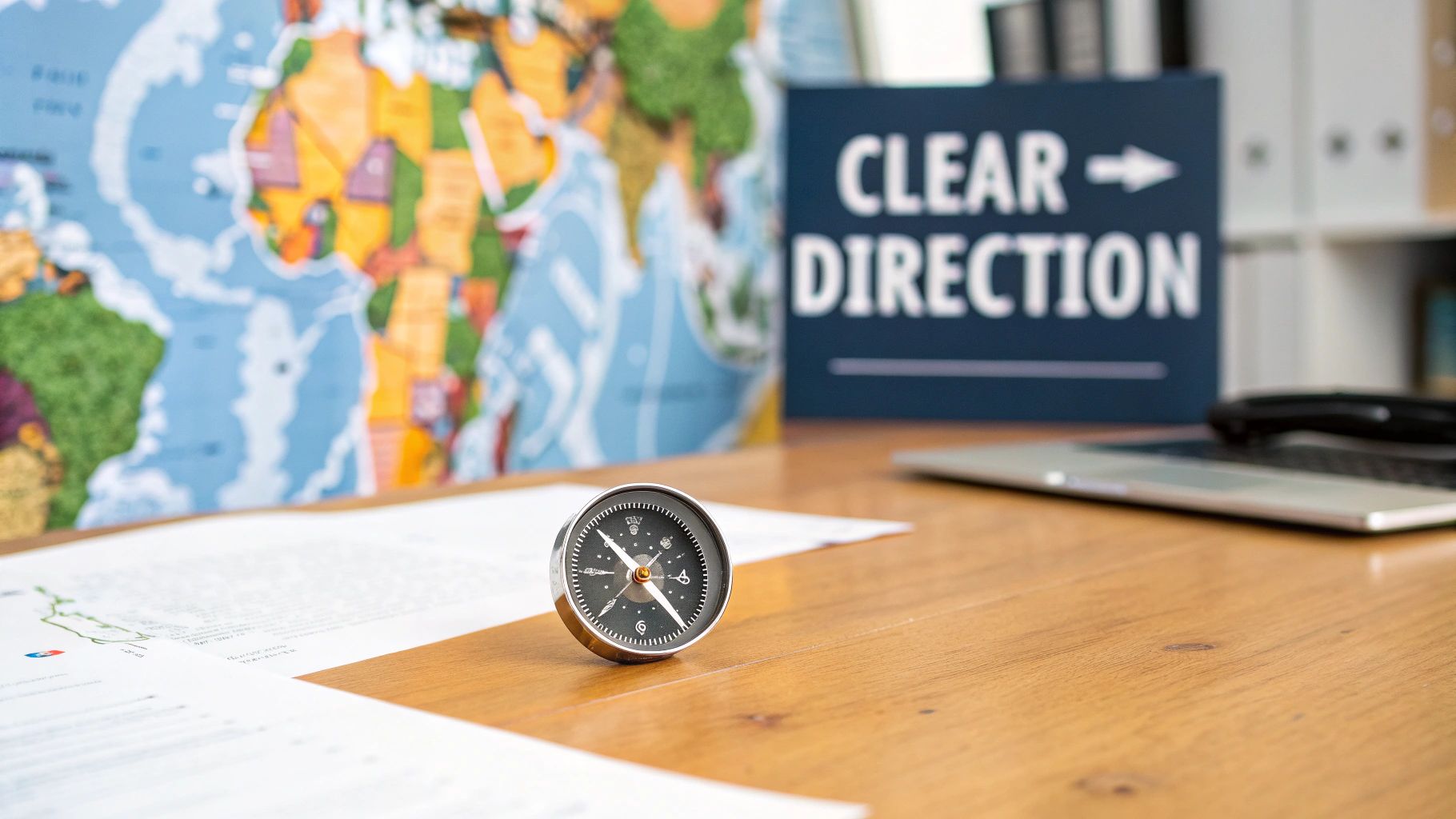 A desk with a compass, papers, a world map, and a 'Clear Direction' sign, symbolizing guidance.