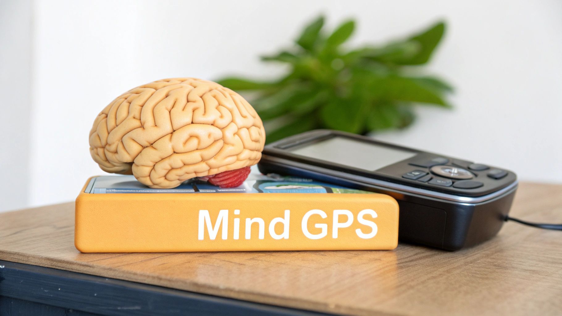 A brain model rests on a book titled 'Mind GPS', next to a black portable GPS device.