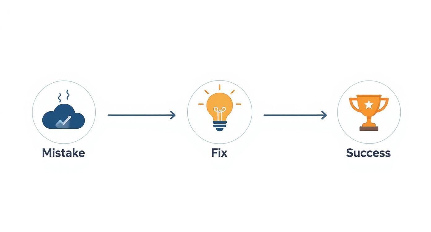 A visual representation of a process from making a mistake, finding a fix, to achieving success, shown with icons and text.