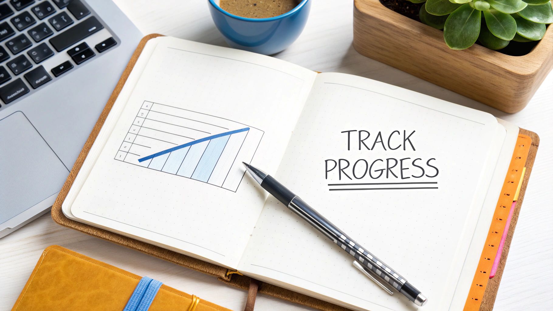 An open notebook on a desk shows a hand-drawn progress graph and the words 'TRACK PROGRESS'.
