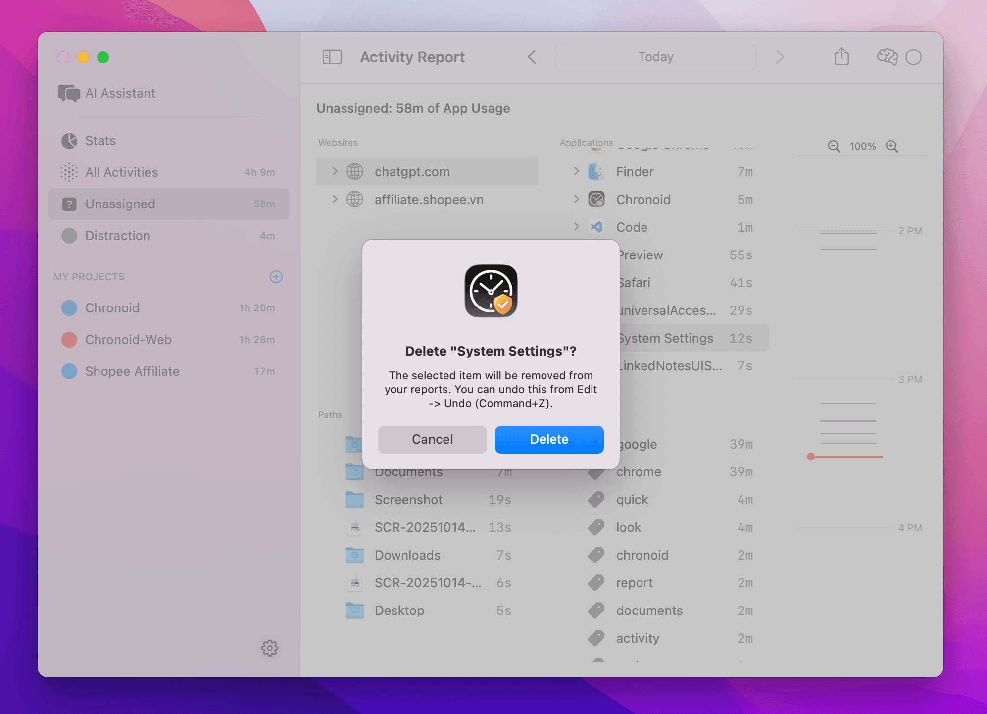 Delete activity confirmation dialog