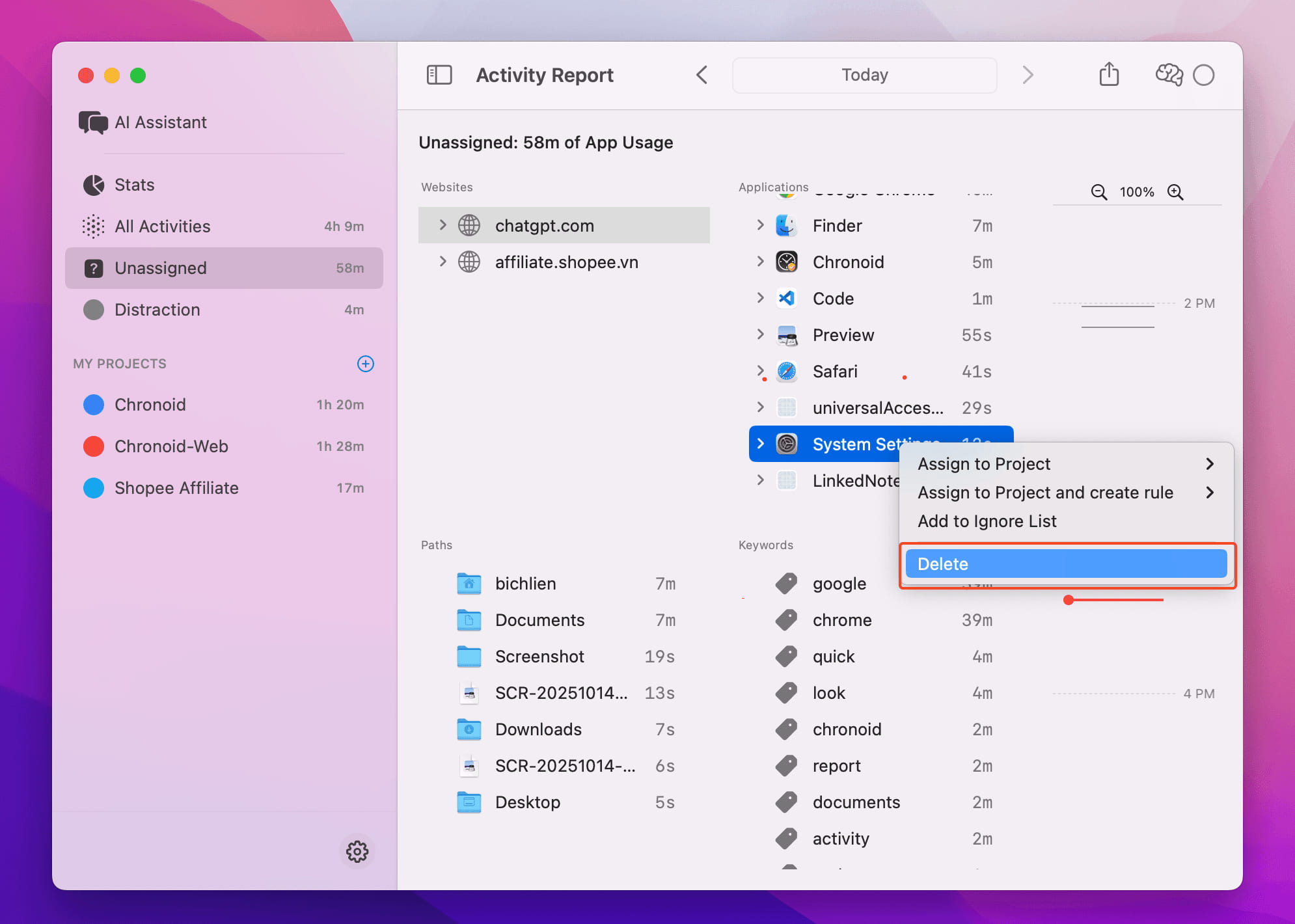 Delete activity context menu