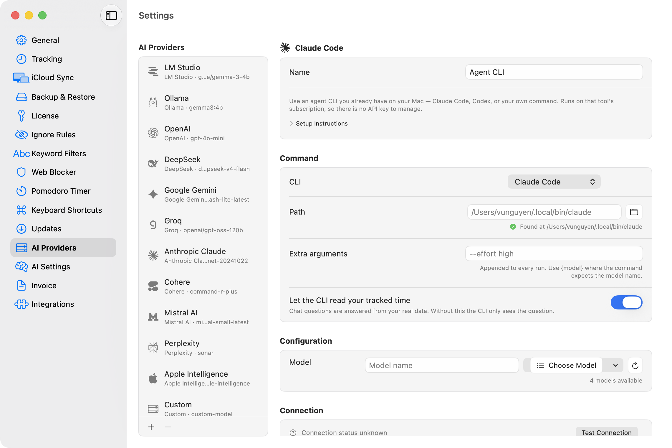 AI Providers settings showing the Agent CLI provider configured with Claude Code