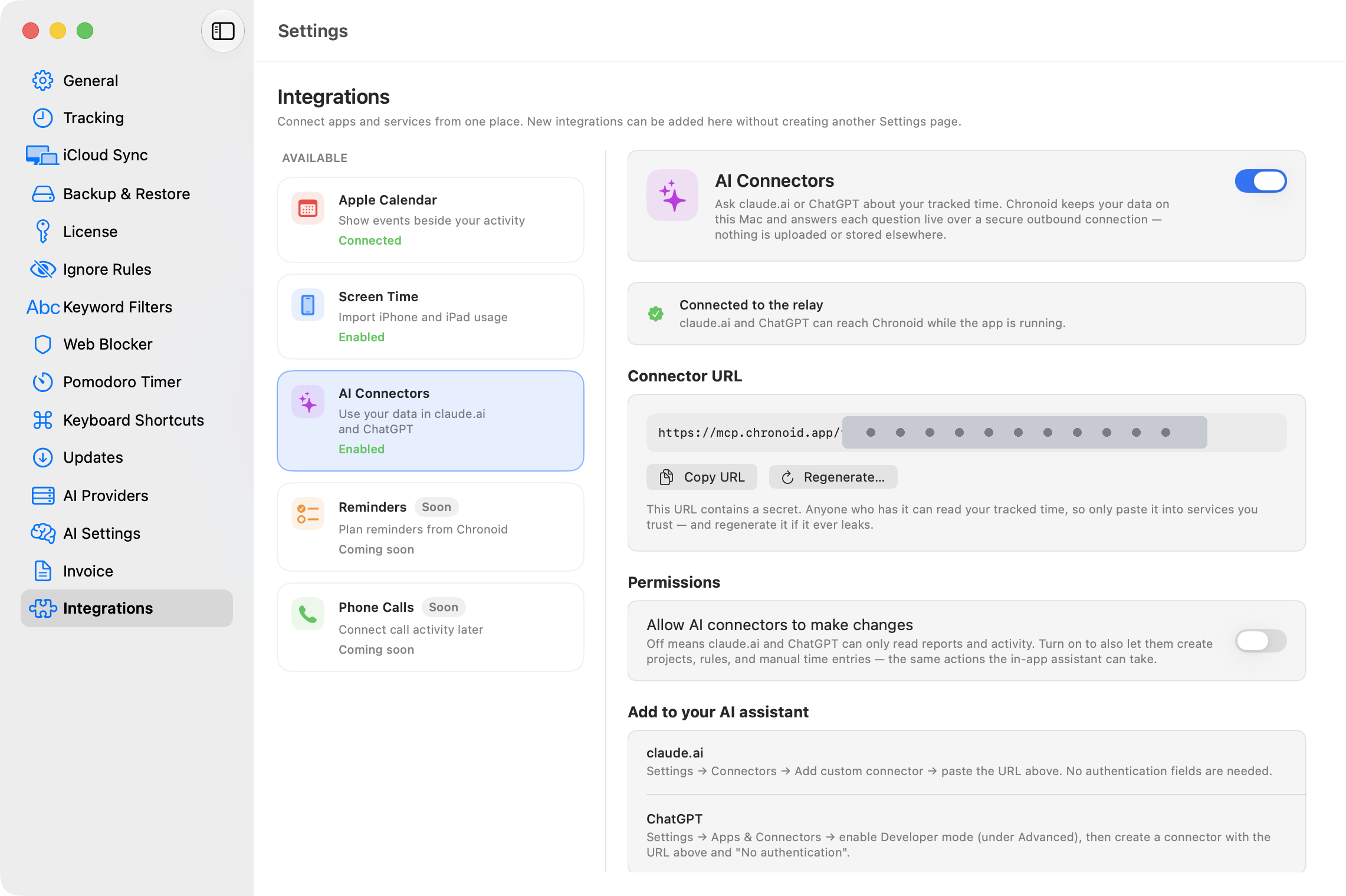 AI Connectors settings with the connector URL, permissions, and setup instructions for claude.ai and ChatGPT