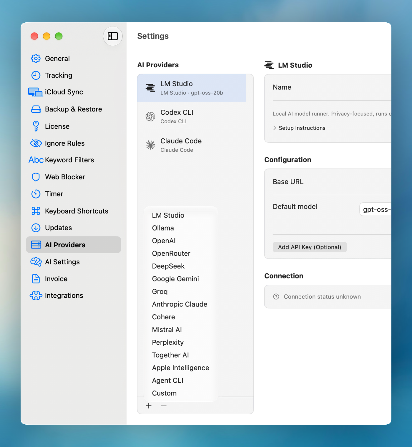 The Add provider menu in Settings → AI Providers, listing every supported provider