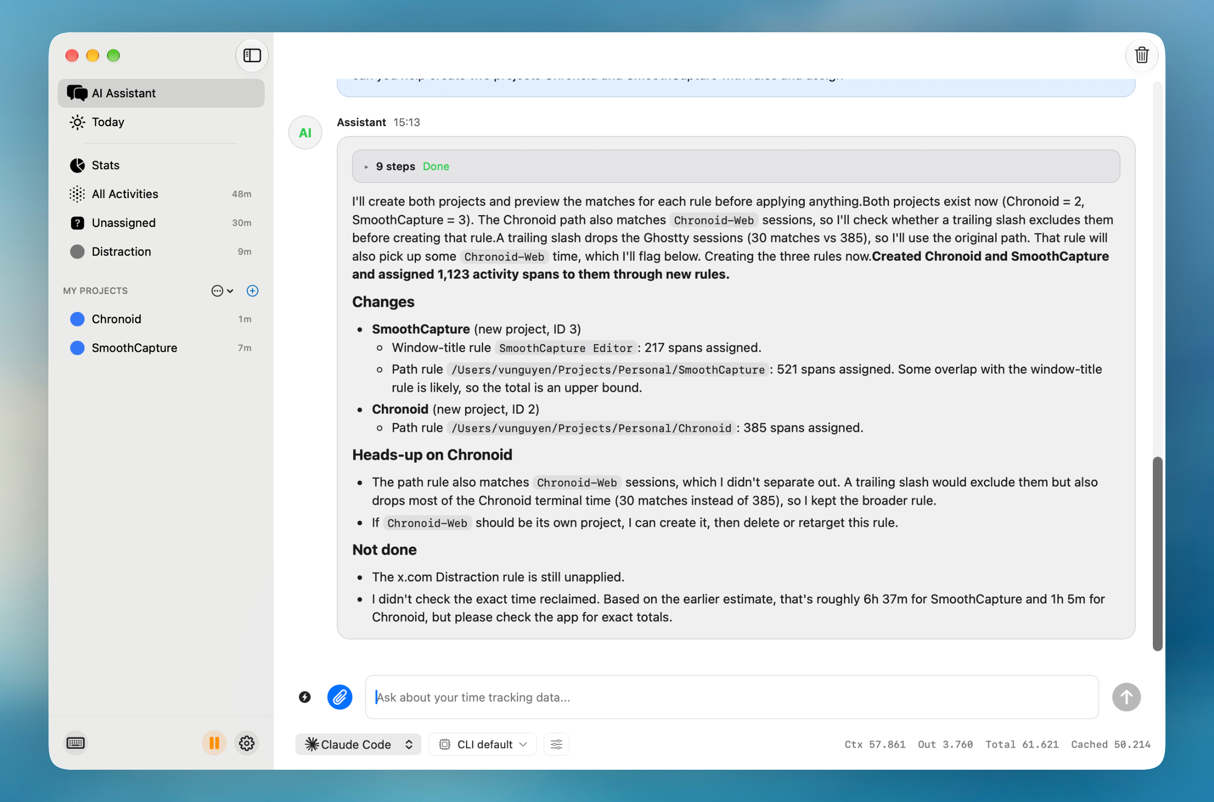 The AI Assistant answering a request by creating two projects and three rules, with every step listed
