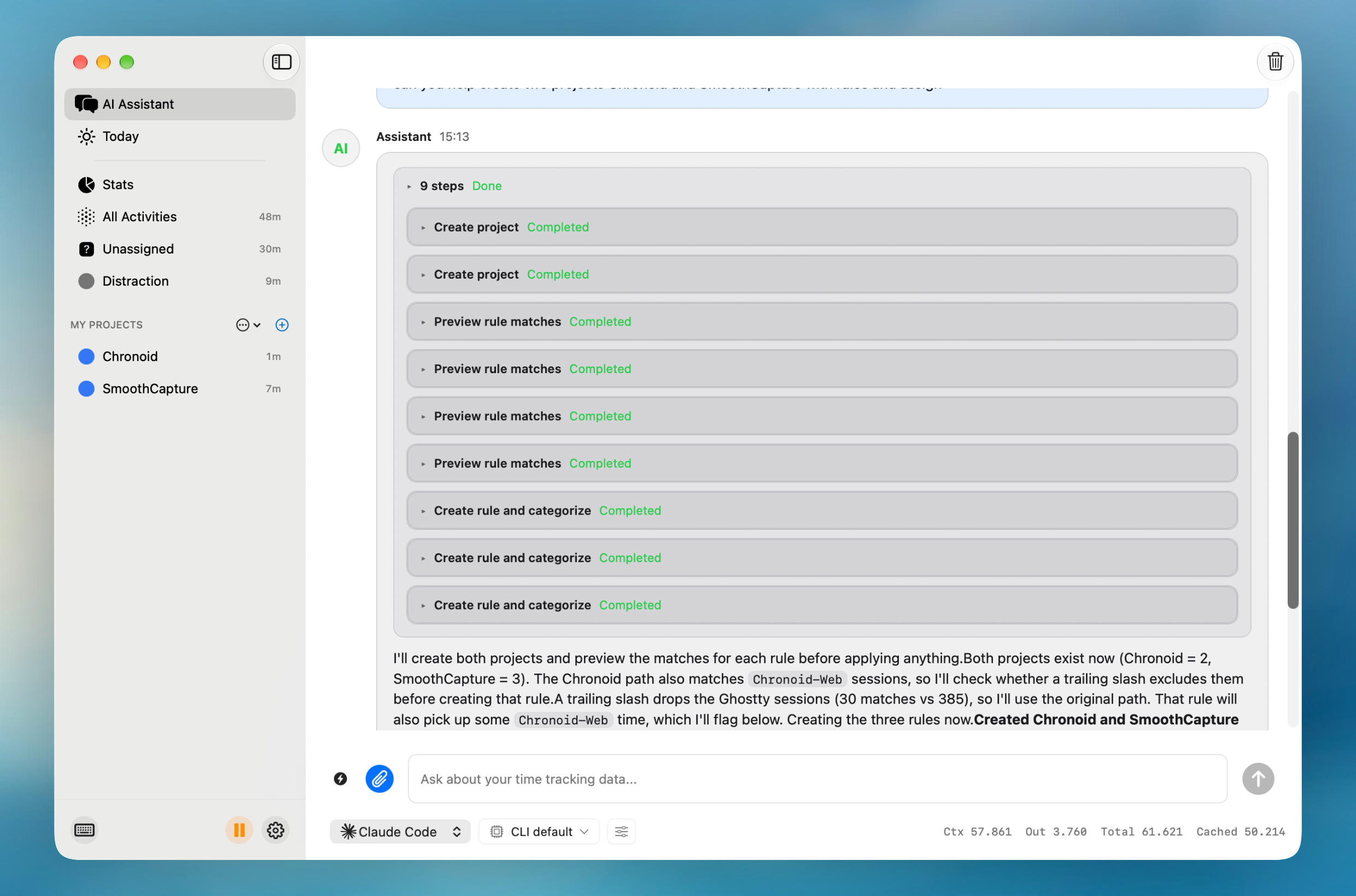The assistant's steps expanded: projects created, rule matches previewed, then rules created and applied