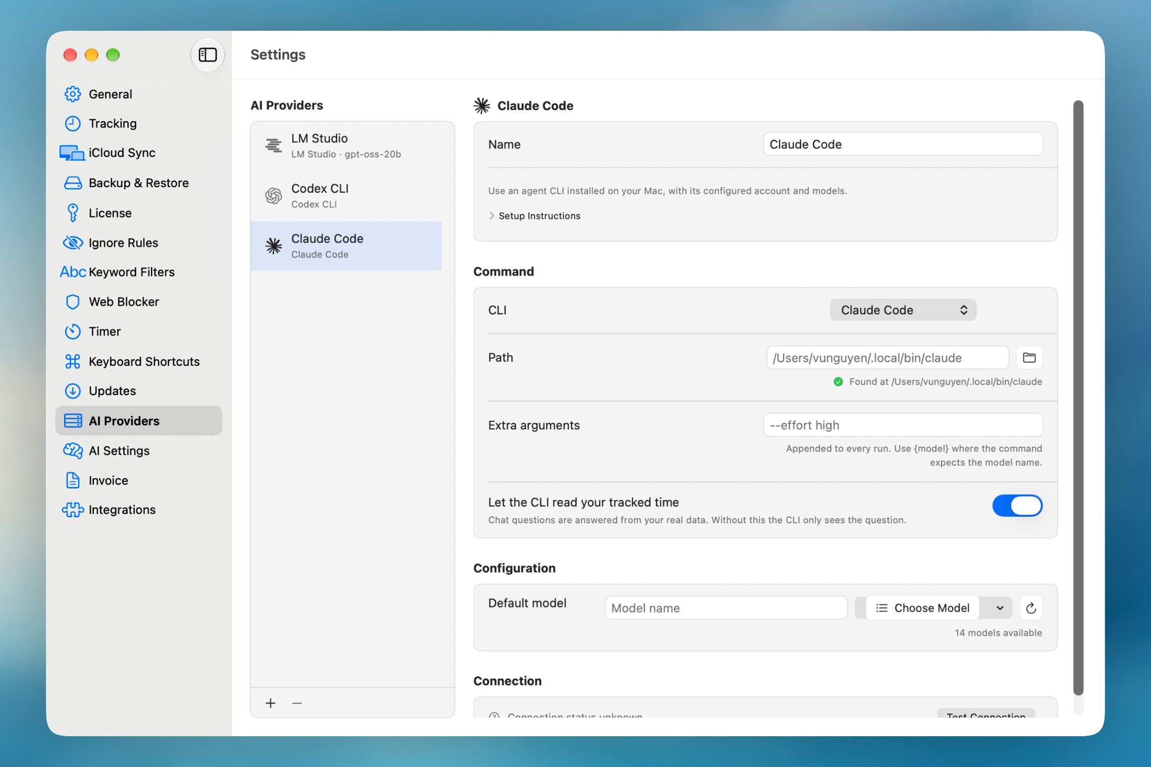 Agent CLI provider configured with Claude Code, showing the path check, extra arguments, and data-access toggle