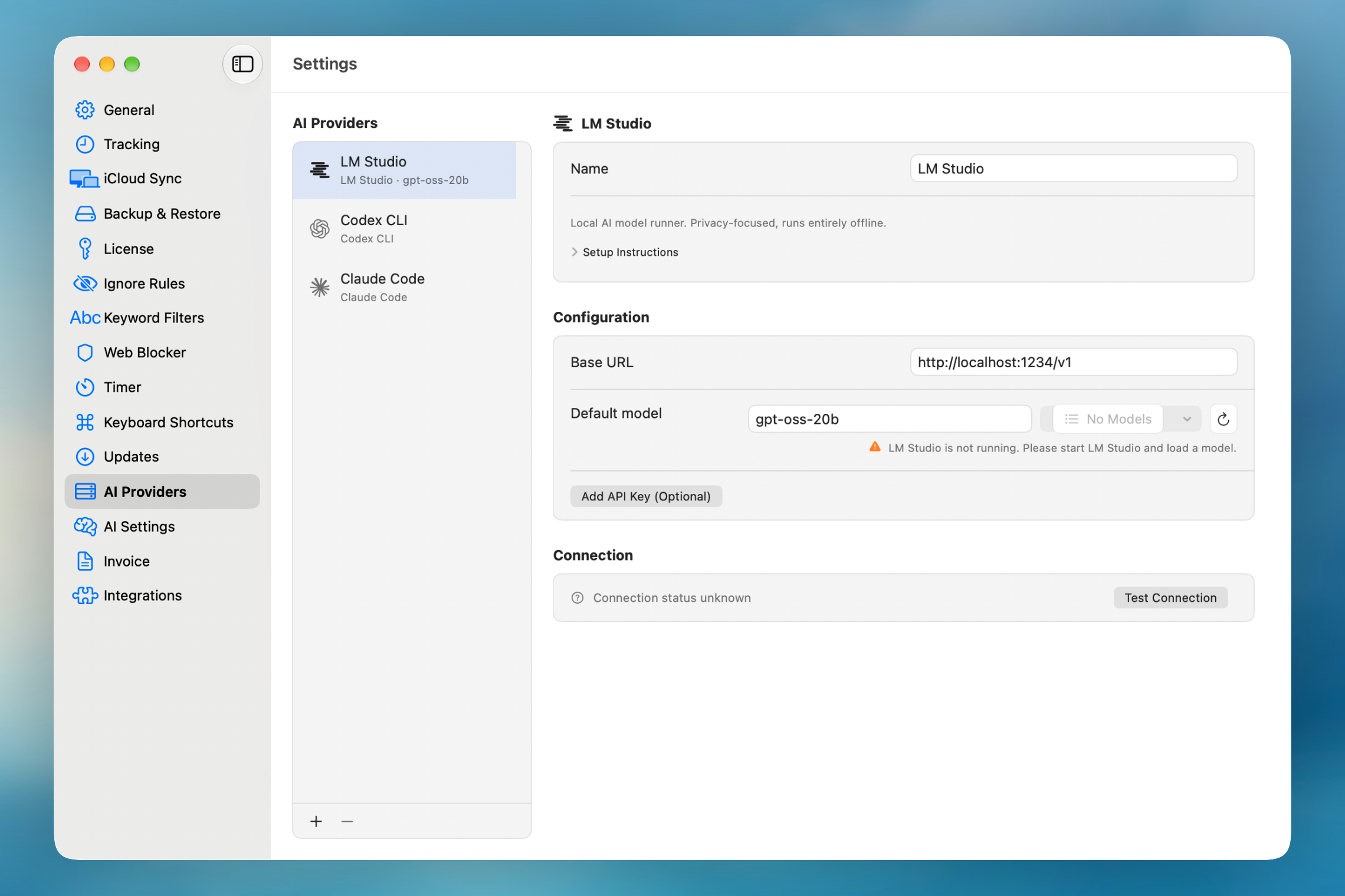 LM Studio provider settings showing the base URL, default model, and a "not running" warning