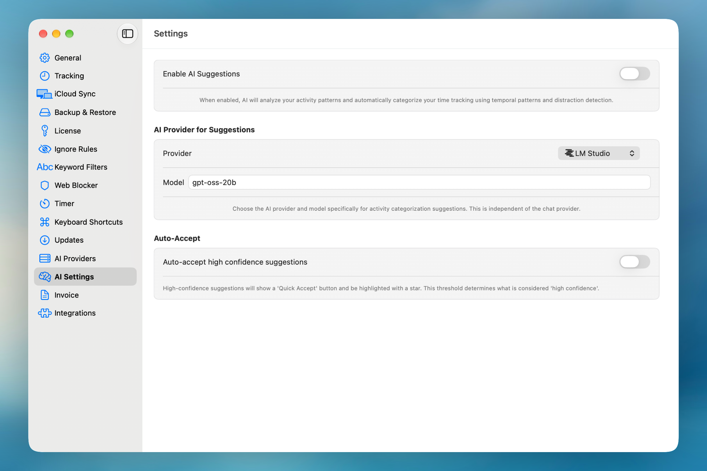 AI Settings with the AI Suggestions toggle, the provider and model for suggestions, and Auto-Accept