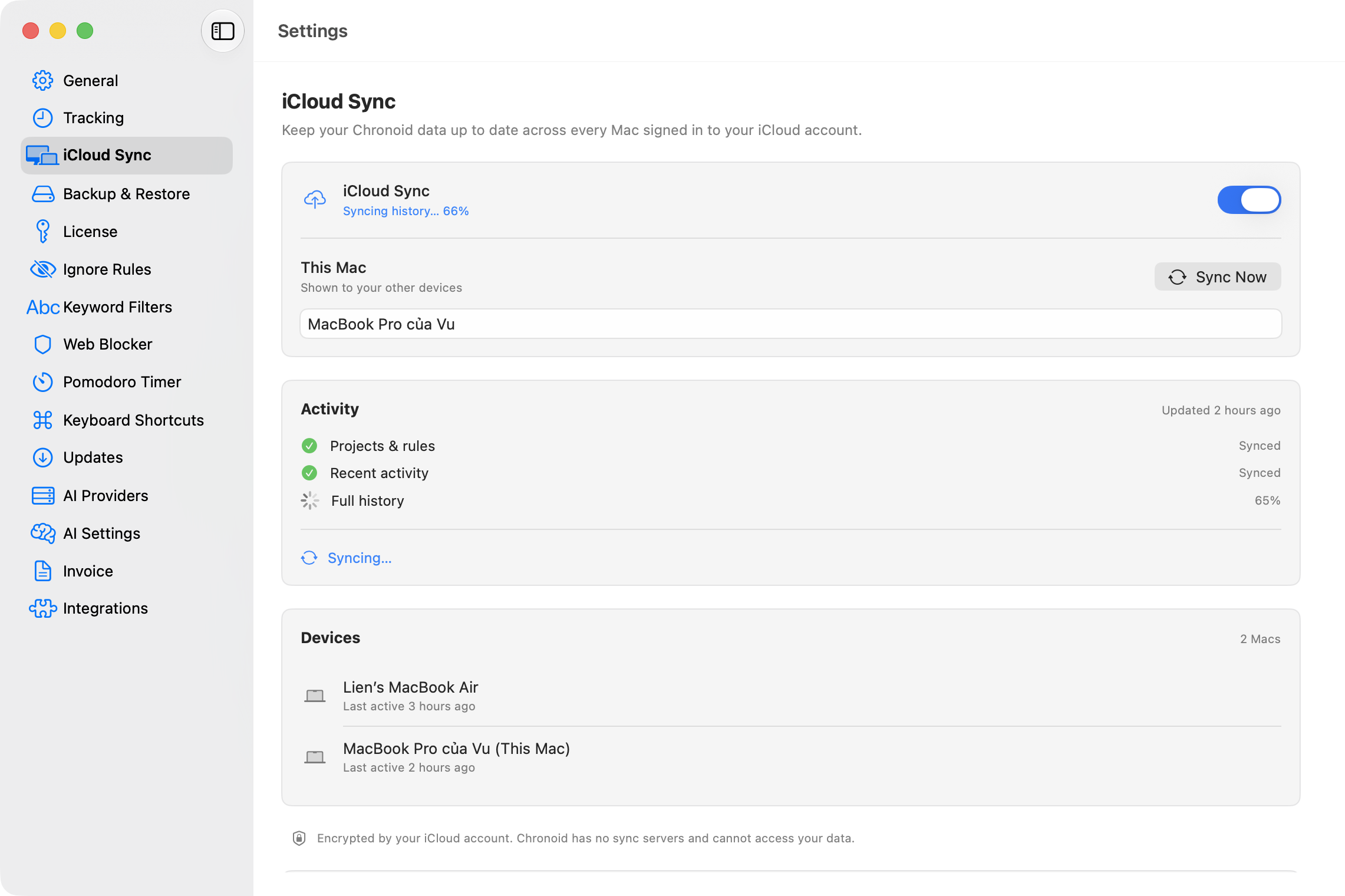 iCloud Sync settings showing sync progress, this Mac's name, and the paired devices list