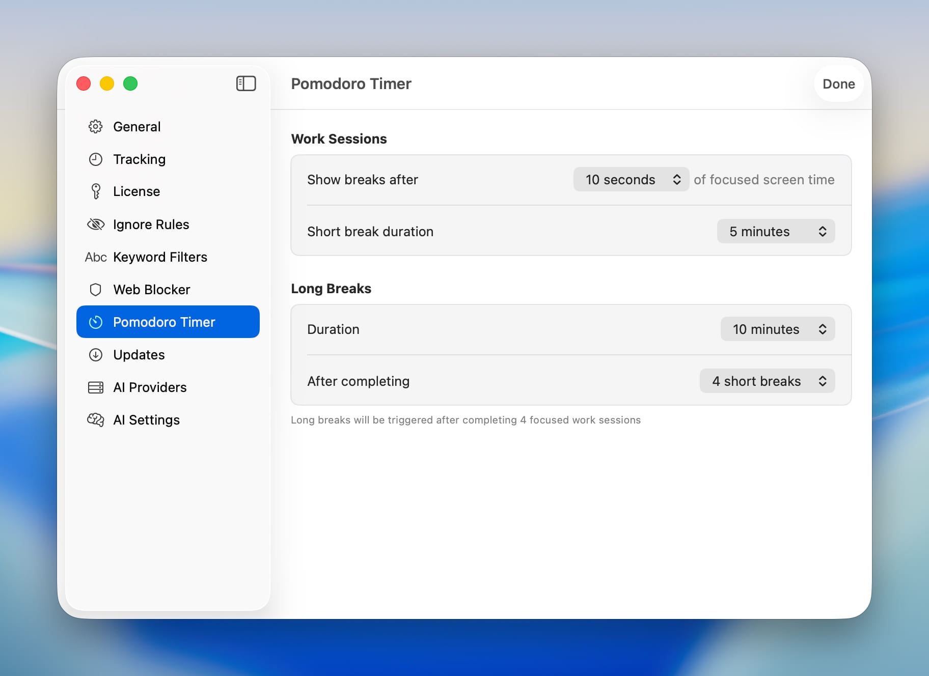 Pomodoro Timer Overview - Shows the timer in the menu bar and main window