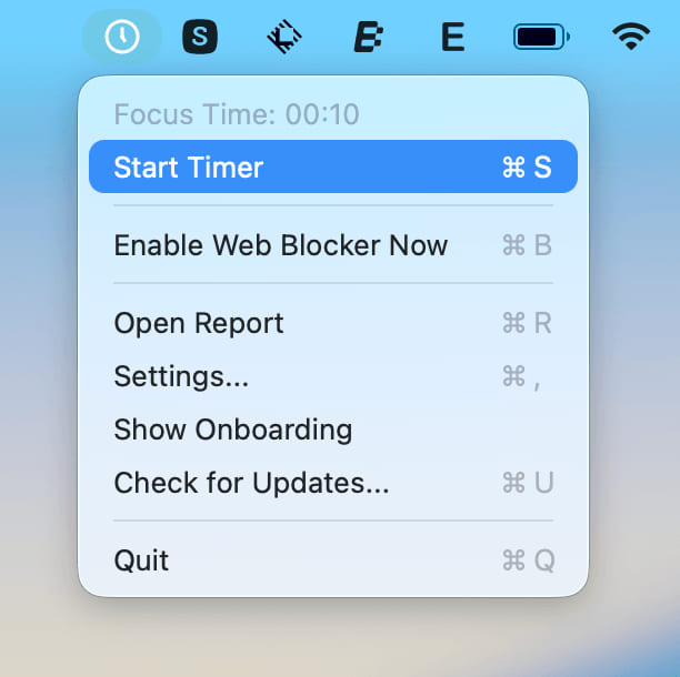 Start Pomodoro - Shows the menu option to start a Pomodoro session