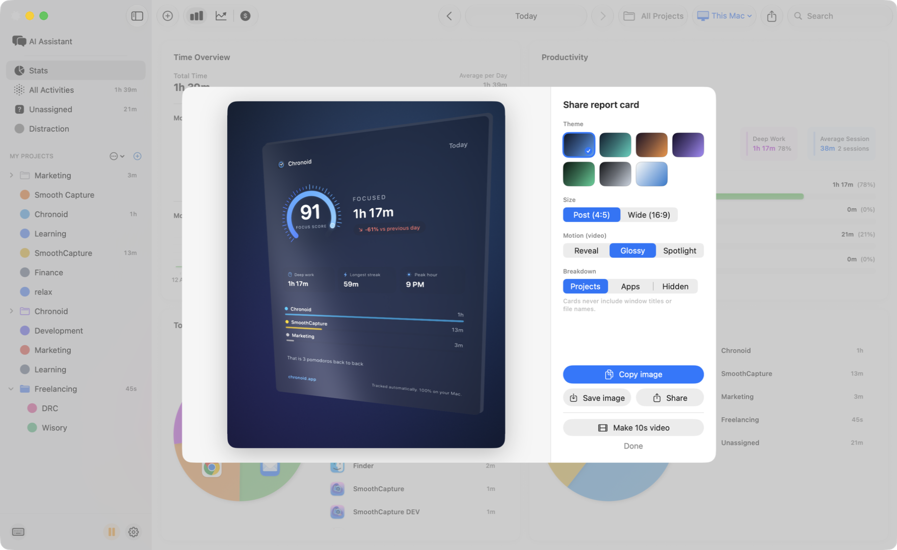Share report card sheet with live preview, themes, size options, and export buttons