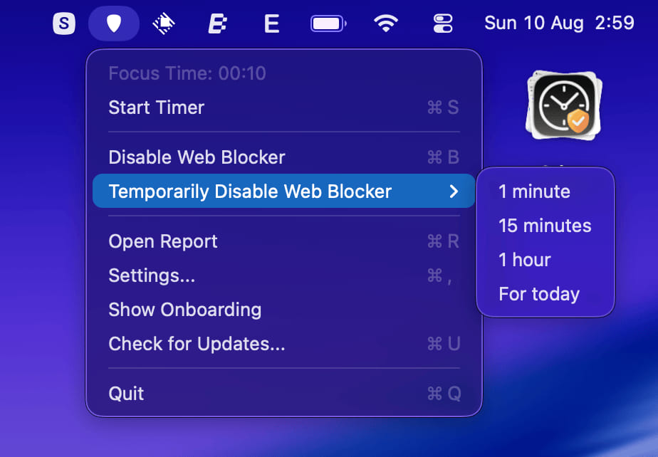 Temporary Disable Menu - Shows the temporary disable options