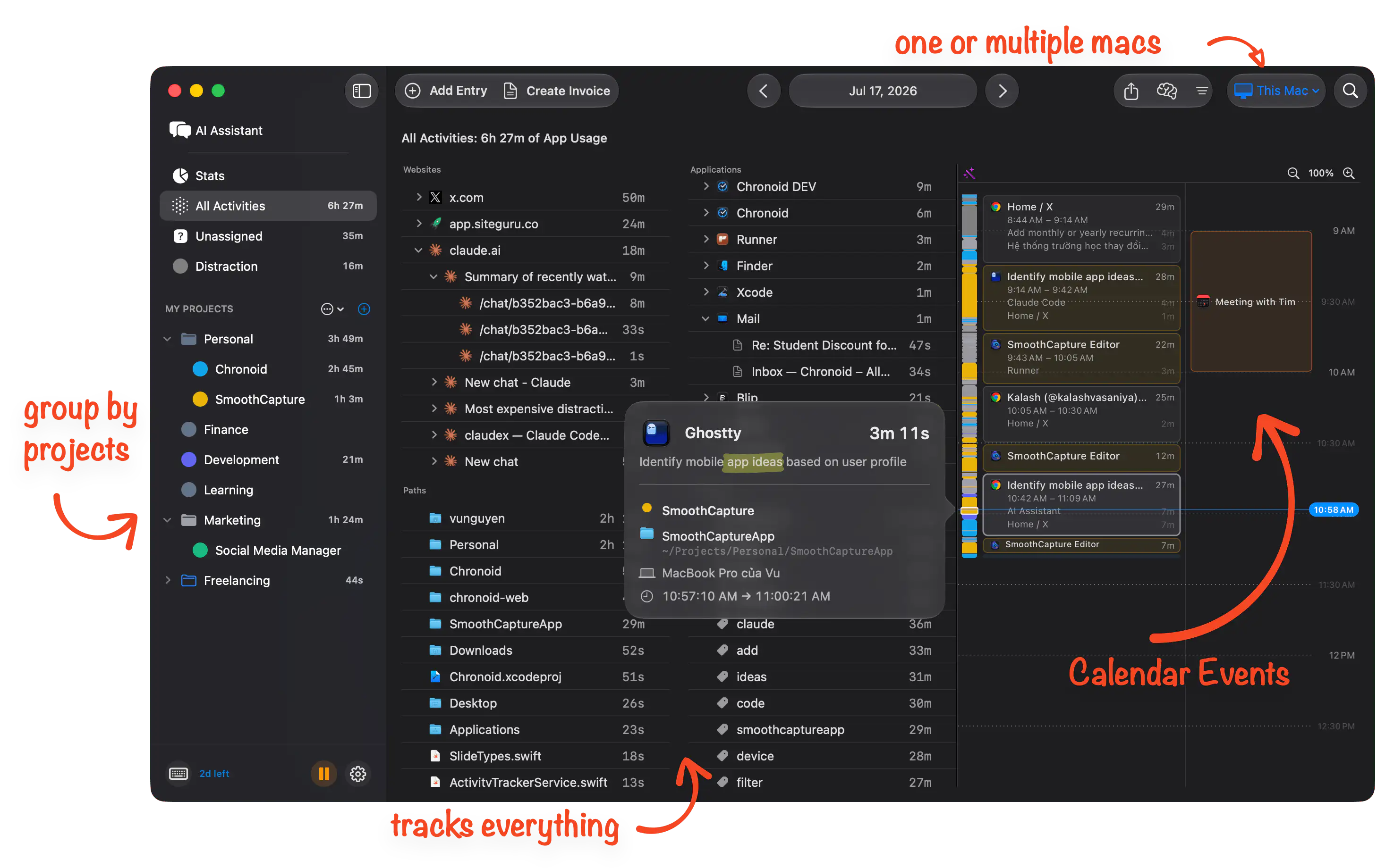 Chronoid's Stats view with a weekly time overview, productivity score, top applications, and time split by project