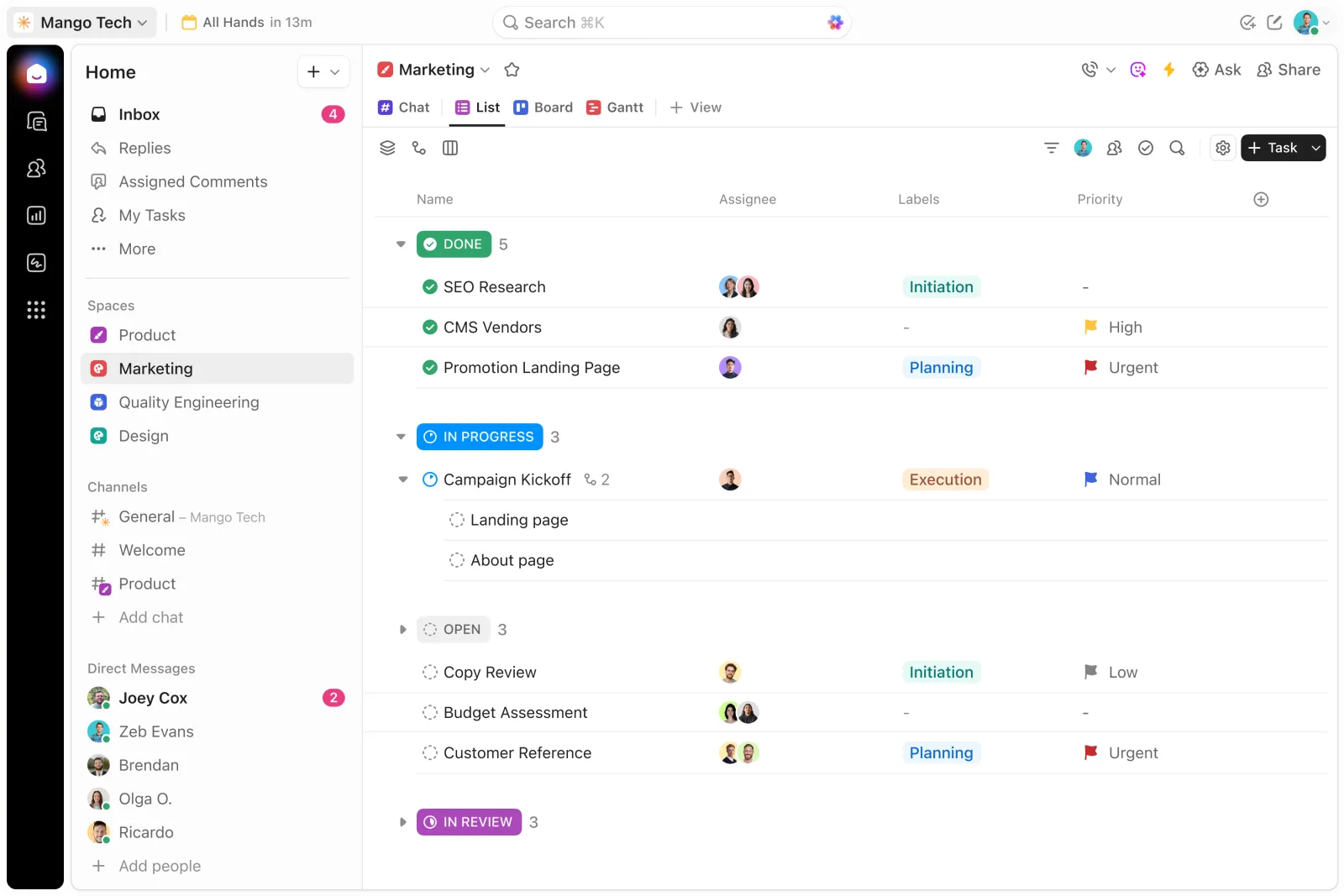 ClickUp's task list grouped by status with assignees, priorities, and subtasks