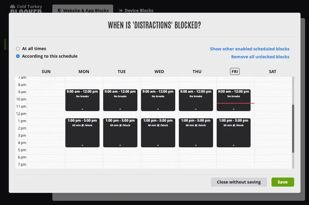 Cold Turkey Blocker's scheduling window with weekly recurring block times and break settings