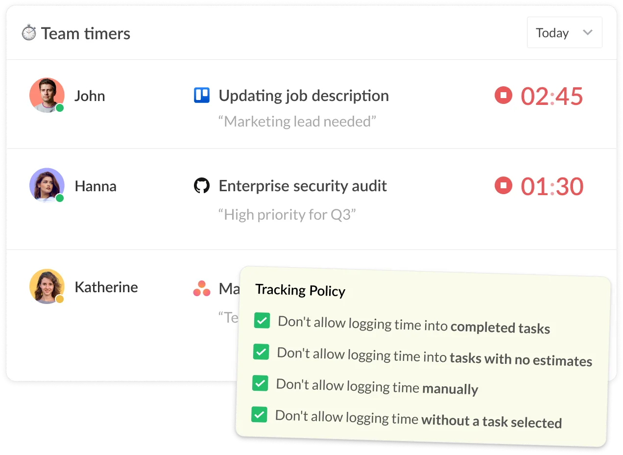 Everhour's team timers panel showing live running timers per teammate on linked tasks