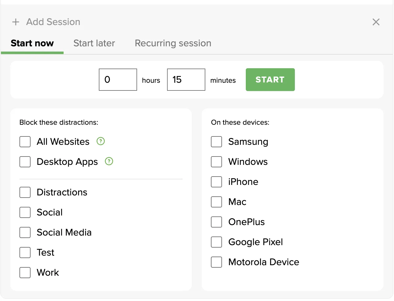 Freedom's session setup with session length, blocklist checkboxes, and device selection