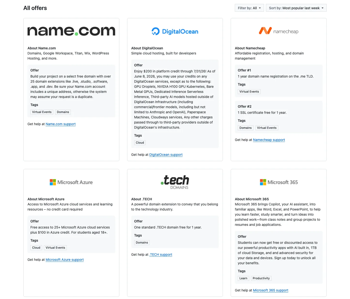 The GitHub Student Developer Pack offers grid with free partner deals like DigitalOcean, Namecheap, and Microsoft Azure