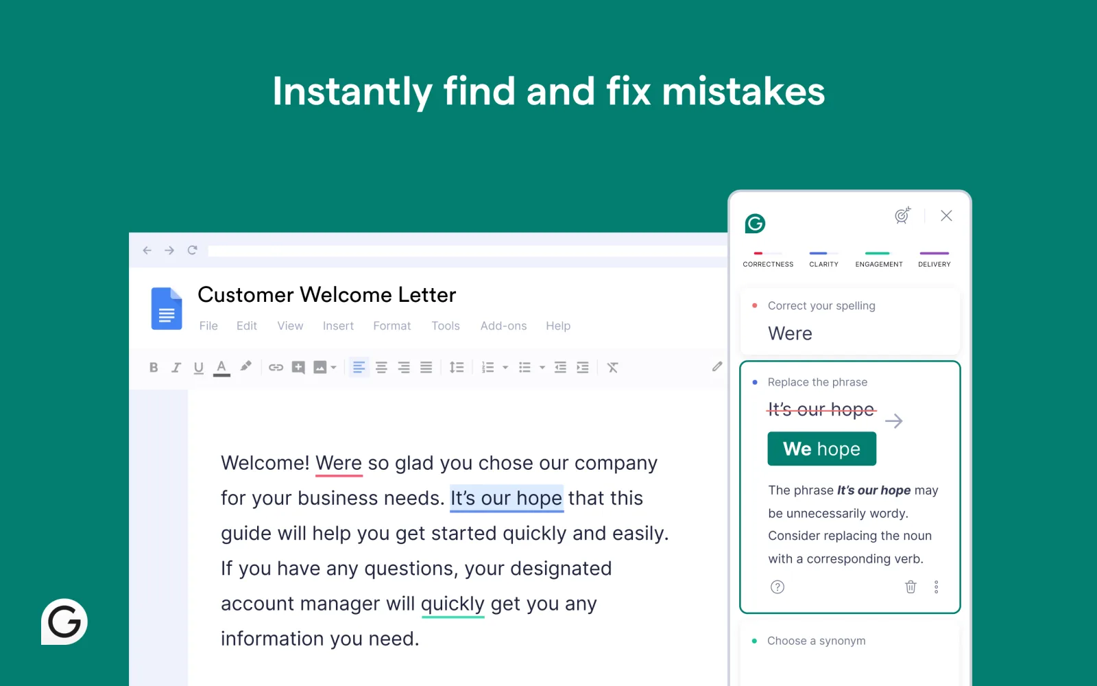 Grammarly's suggestion panel over an email draft with options to improve, simplify, shorten, or adjust tone