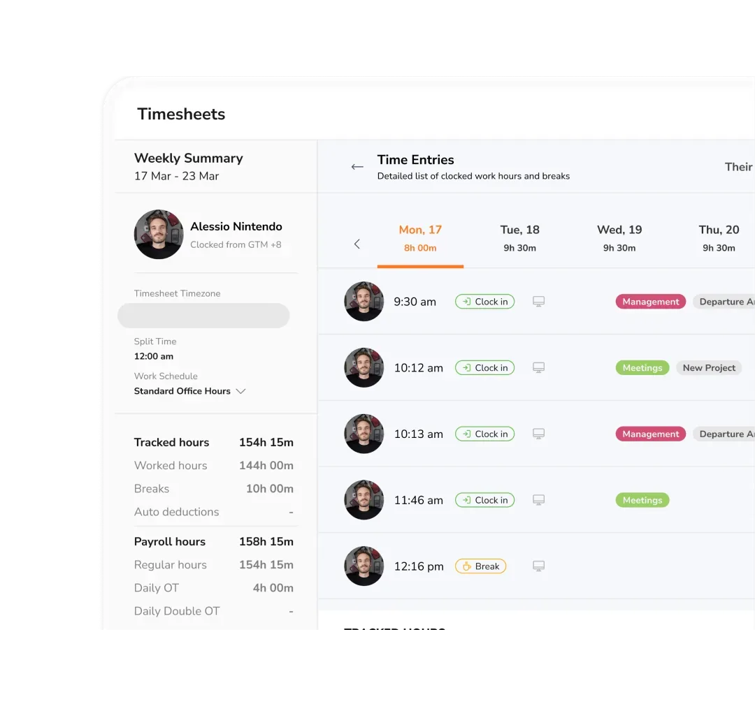Jibble's weekly timesheet with clock-in entries, tracked hours, breaks, and payroll hours