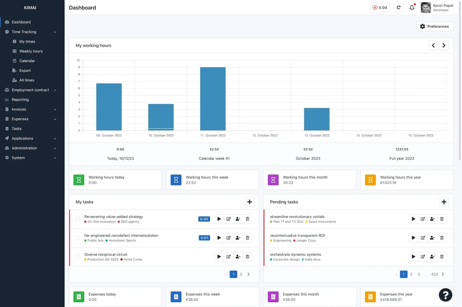 Kimai's dashboard with a working-hours chart, weekly totals, and running timers