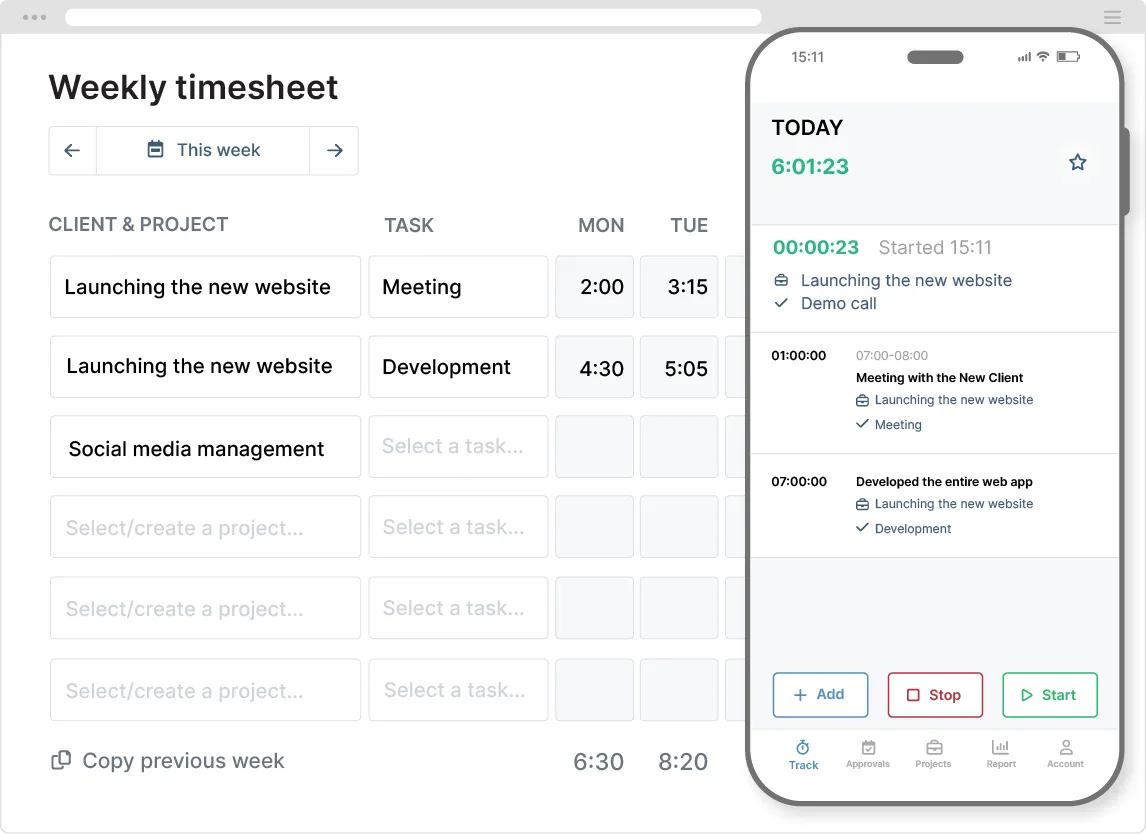 My Hours weekly timesheet grid with projects, tasks, and daily hours, alongside the mobile timer