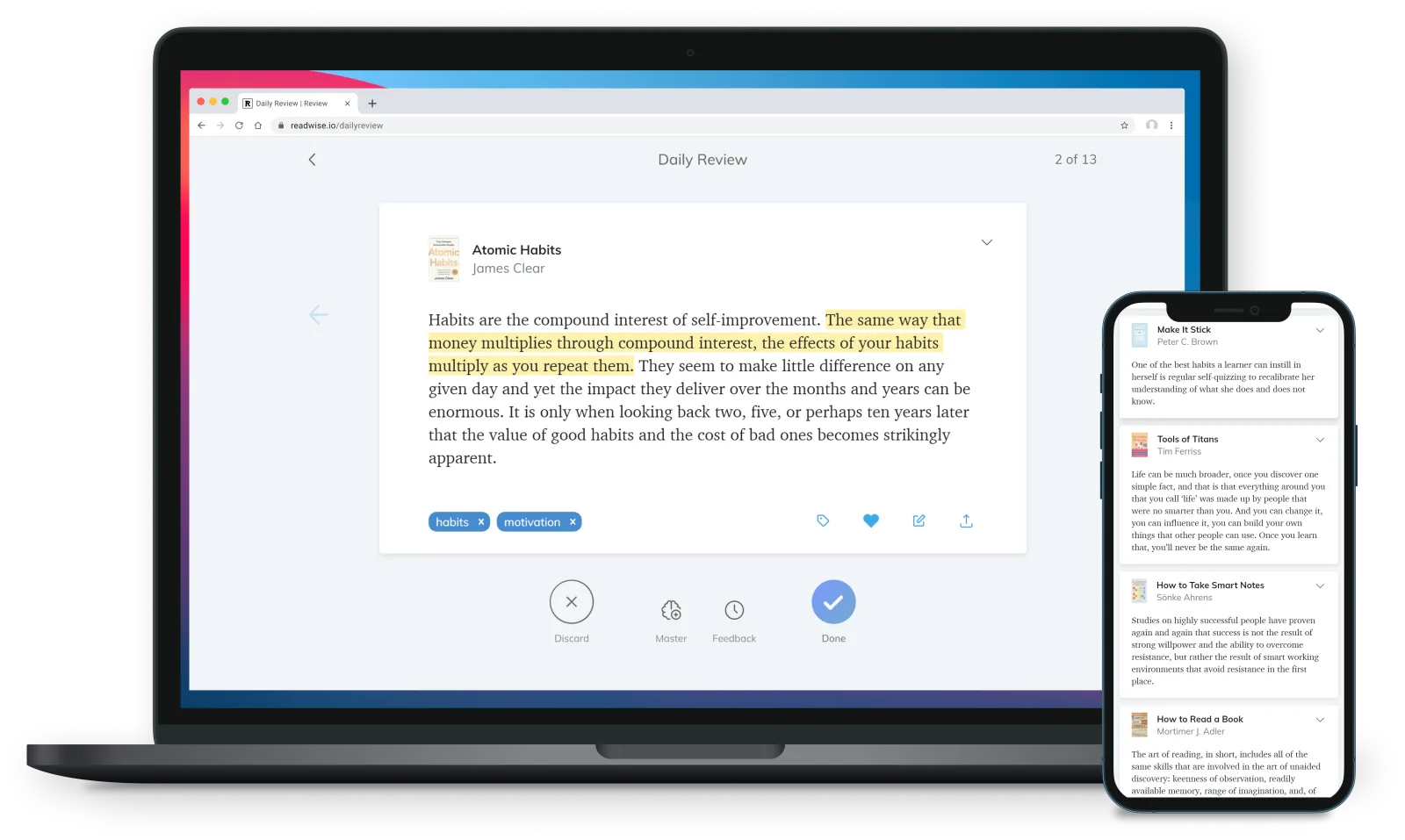 Readwise's Daily Review showing a highlighted book passage with tags and review controls