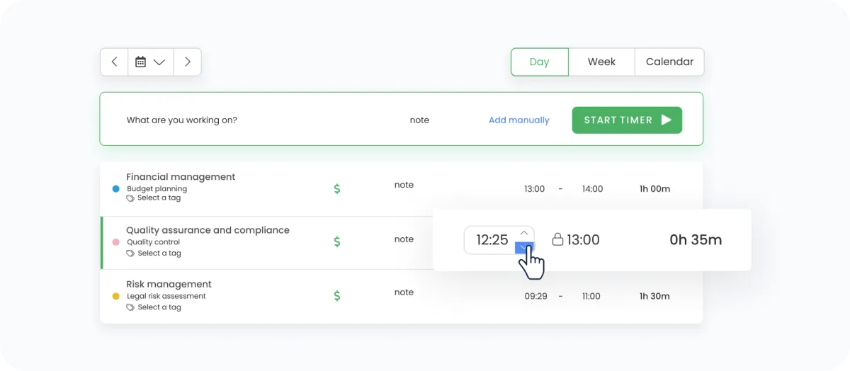 TimeCamp's day-view timesheet with a start-timer bar and entries flagged billable