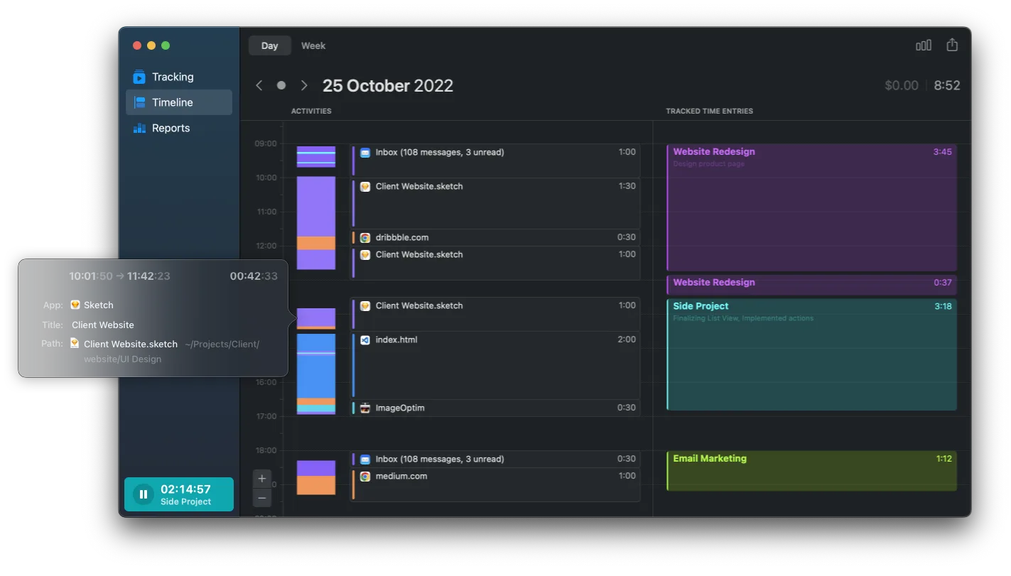 Timemator's timeline with recorded app activities on the left and tracked time entries grouped by project on the right