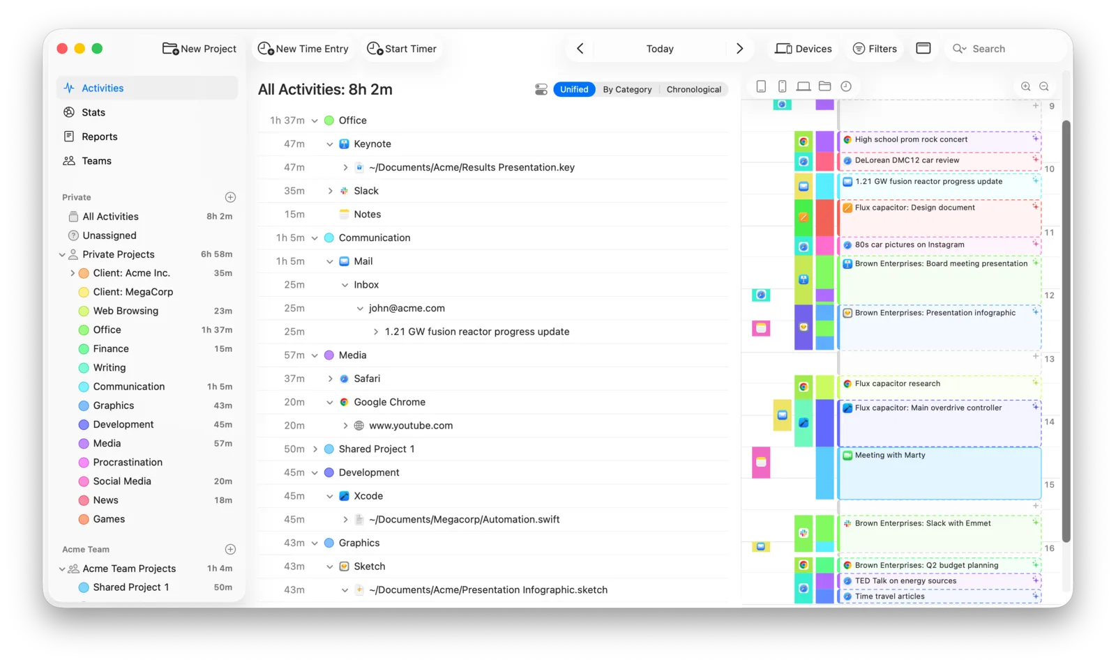 Timing's Activities view listing 8 hours of tracked apps and documents next to a color coded timeline of the day