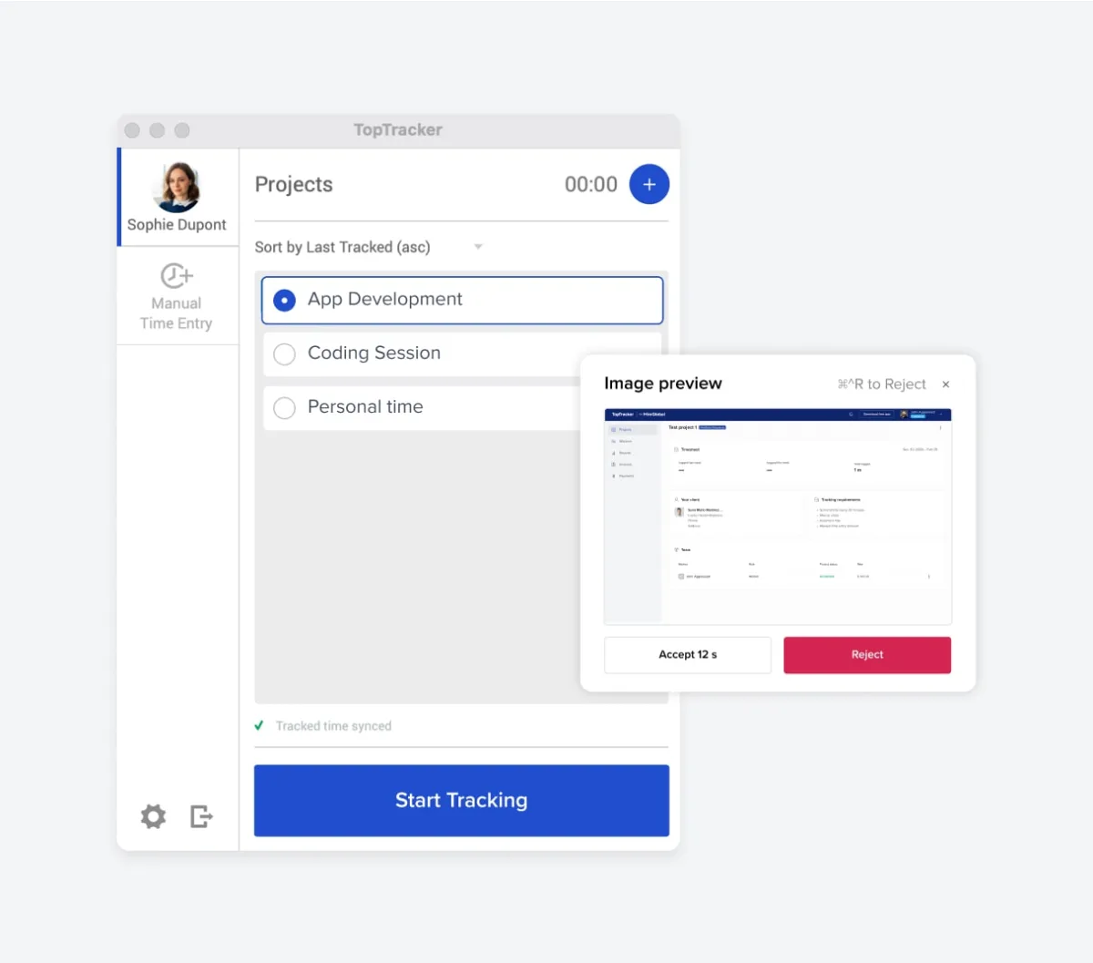 TopTracker's desktop app with a project list, active timer, and screenshot review window