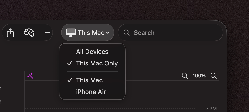 Chronoid report device filter showing This Mac and imported iPhone device options.